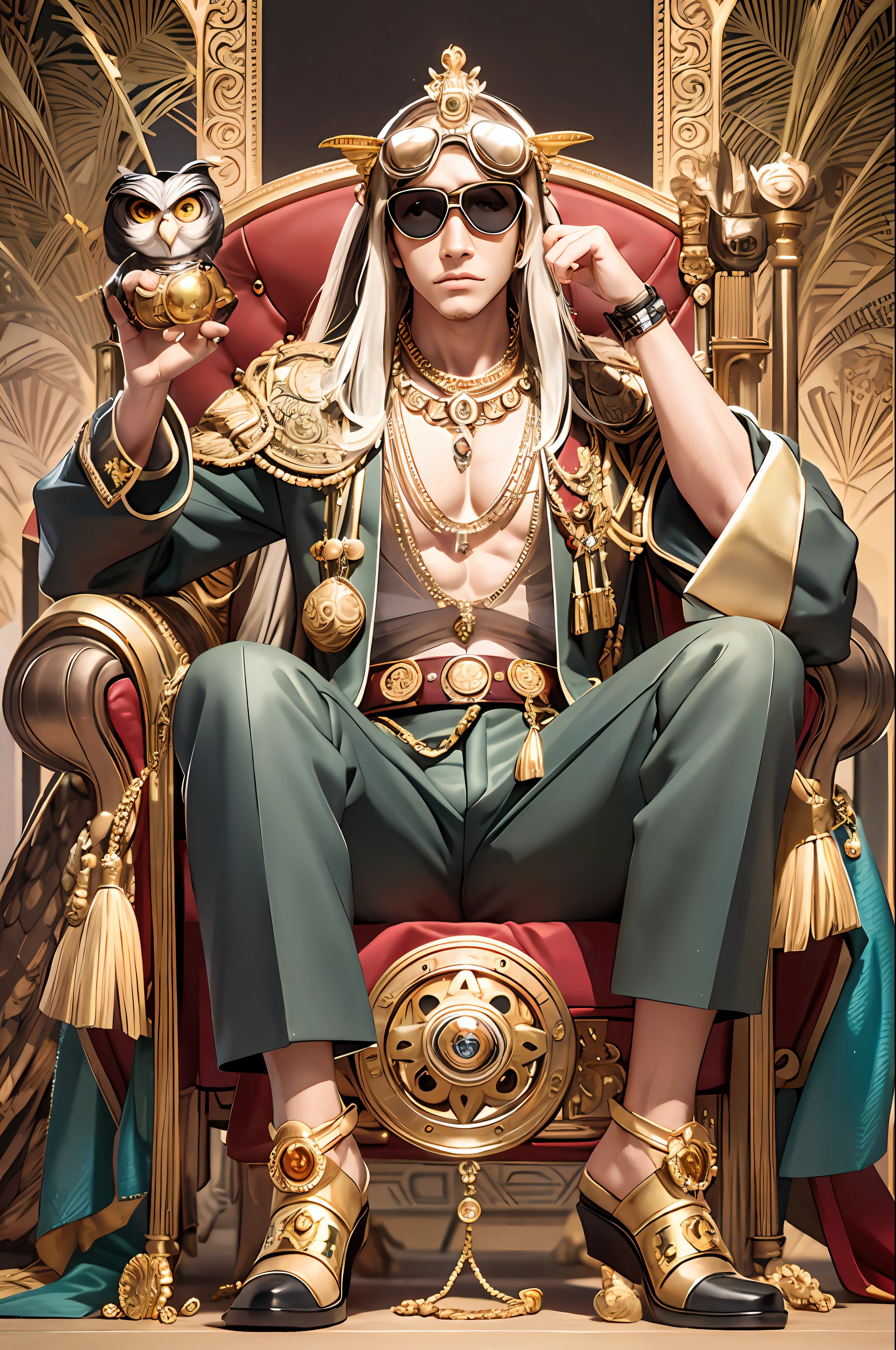 masterpiece, best quality, photorealistic ,fashionmonkey, gorilla, eyewear on head, gears, gem, goggles , gold, jewelry, magic circle,male_focus, owl, pants, shoes, sunglasses, tassel, throne,