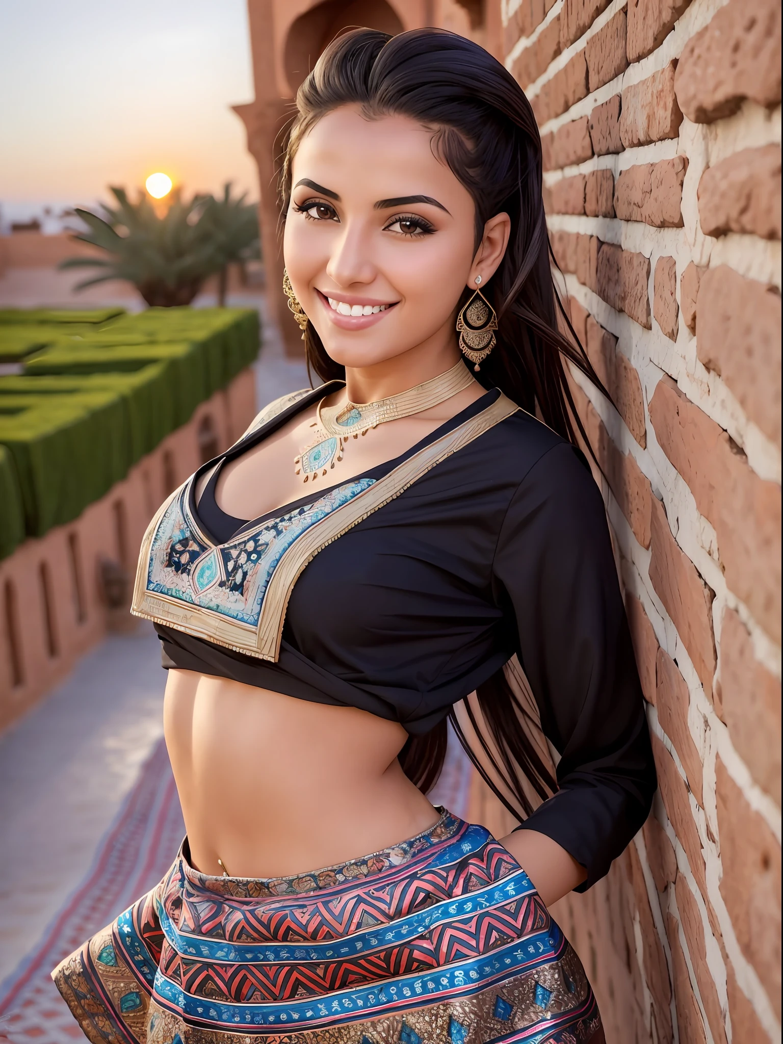 (Beautiful Moroccan girl:1.2), 18 years old, bright smile, Extremely beautiful, Extremely Detailed, attractive beautiful, sexy, hot, sunset, wearing a blacked shirt