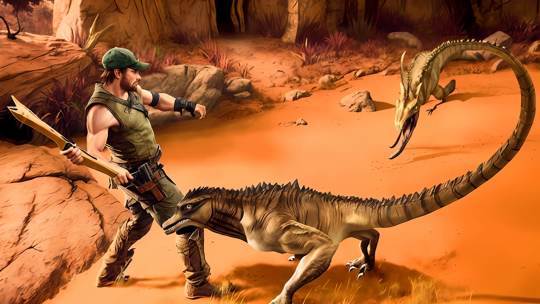 there is a man that is standing next to a dinosaur, tom cruise vs carnivore dinosaur, weta disney filme ainda foto, monster hunter o filme, Sam Hyde em God of War 4, scorpions, Captura de tela do videogame>, action scene from the film, velociraptor, 3 rd person action adventure, ark survival, filme predador, epic action scene, ark survival evolved