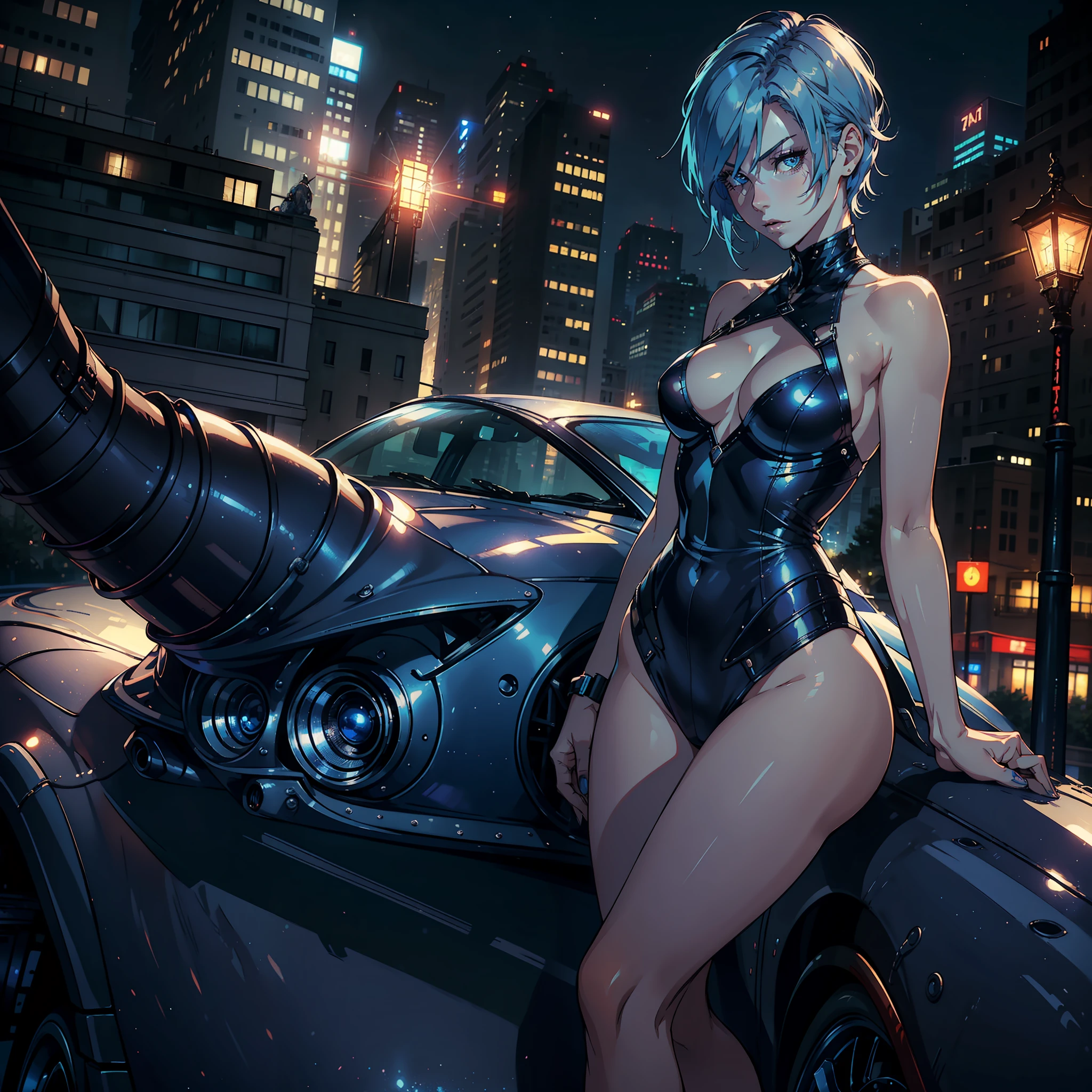 ((realistic: 1.5)),((best quality)), ((masterpiece)),((detailed)), woman, short blue hair, blue eyes, focus on face, malicious, seductive look, long legs, curves, small breasts, criminal clothing, wide hips, long eyelashes, sensual pose, on top of a building at night