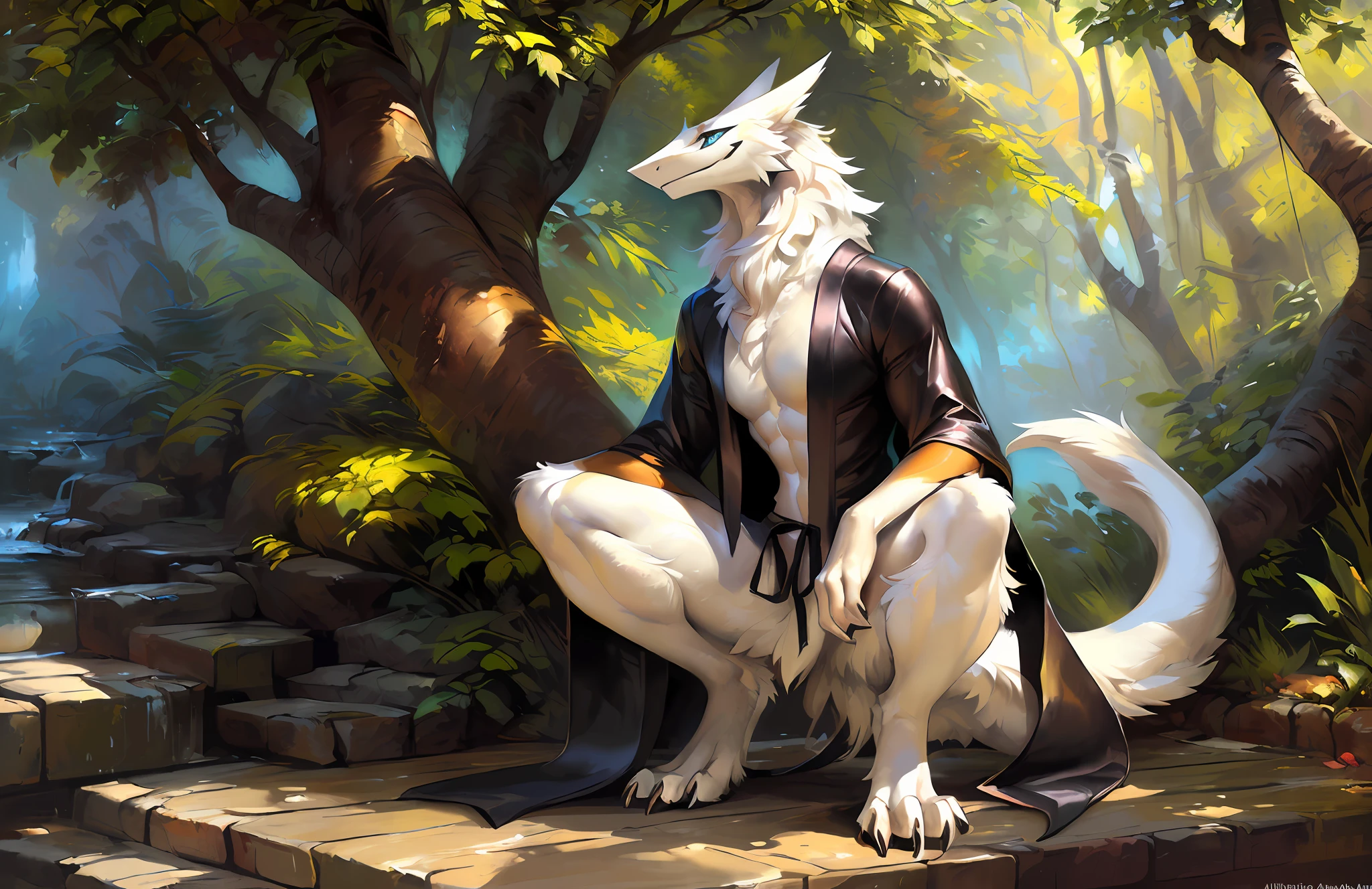 A solo sergal squatting in a all black long japanese kimono in a angelic style, with white slime dripping from his wet body(very elegant) ((male)) (muscles)((black and white)) ((male) (anthro) ([sergal])), hi res, photorealism, soft shading, (detailed fur: 1.1), happy looking, (legs), (solo: 1.1), ),, tail raised, ((beautiful) eyes: 1.1), (detailed eyes: 1.1), (detailed), (masterpiece: 1.2), (athletic), good anatomy, detailed face, (by Kenket), by Ross Tran, by Michael & Inessa Garmash, by Pino Daeni, by Kiguri,  by Alena Aenami, by Ruan Jia