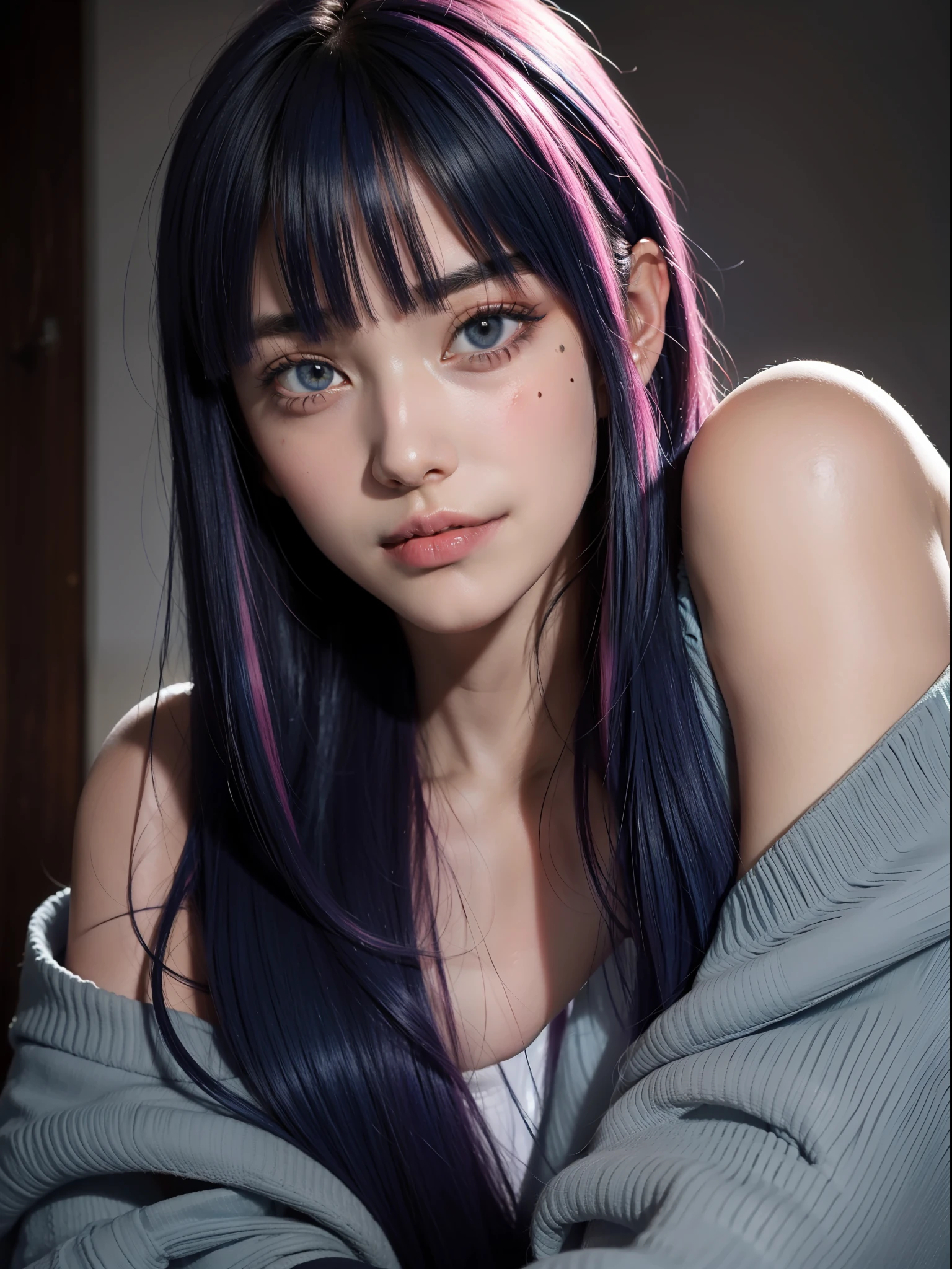 Best quality, masterpiece, super high resolution, multicolored hair dark blue and pink hair, long hair, two moles under the eyes, gradient eyes, eyeballs, shyness, smile, evil, off-the-shoulder, character setting, close-up, surrealism, UHD, award-winning, bust, colourful hair, ((blunt bangs)), blue eyes, really beautiful face, super beautiful face