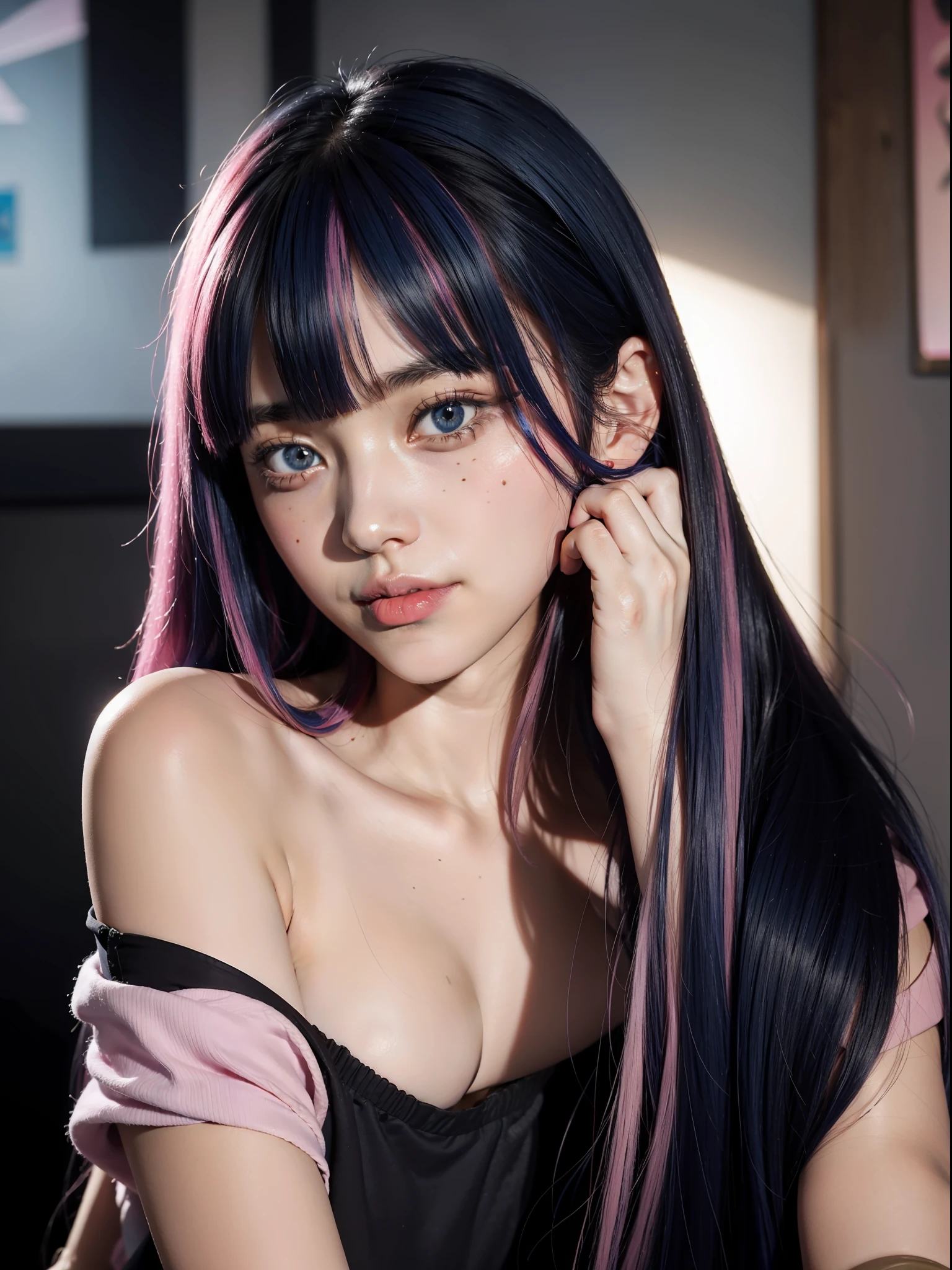 Best quality, masterpiece, super high resolution, multicolored hair dark blue and pink hair, long hair, two moles under the eyes, gradient eyes, eyeballs, shyness, smile, evil, off-the-shoulder, character setting, close-up, surrealism, UHD, award-winning, bust, colourful hair,  ((blunt bangs)), blue eyes, really beautiful face, super beautiful face