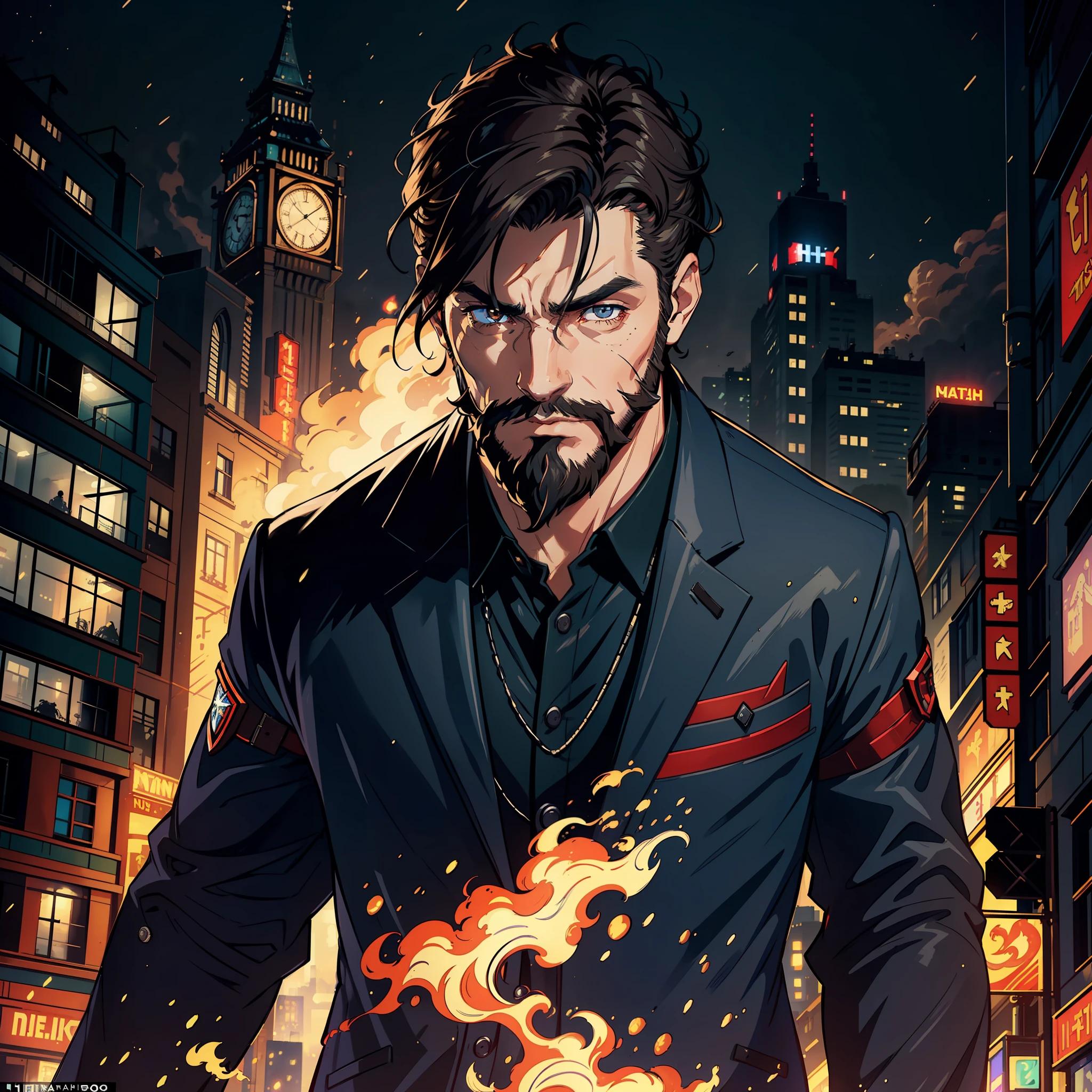((realistic: 1.5)),((best quality)), ((masterpiece)),((detailed)), man, tall, dark hair hanging to the side, unshaven beard, failed eyebrows, tactical superhero outfit with overcoat, controlling fire, city lit up at night.