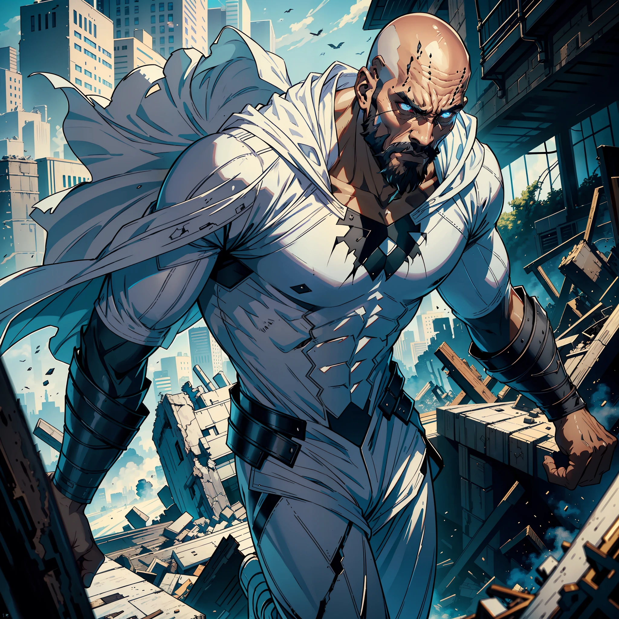 ((realistic: 1.5)),((best quality)), ((masterpiece)),((detailed)), man, tall, black skin color, bearded, bald, scars across his face, expression of fury, white and gray superhero outfit, white cape, flying over a destroyed city