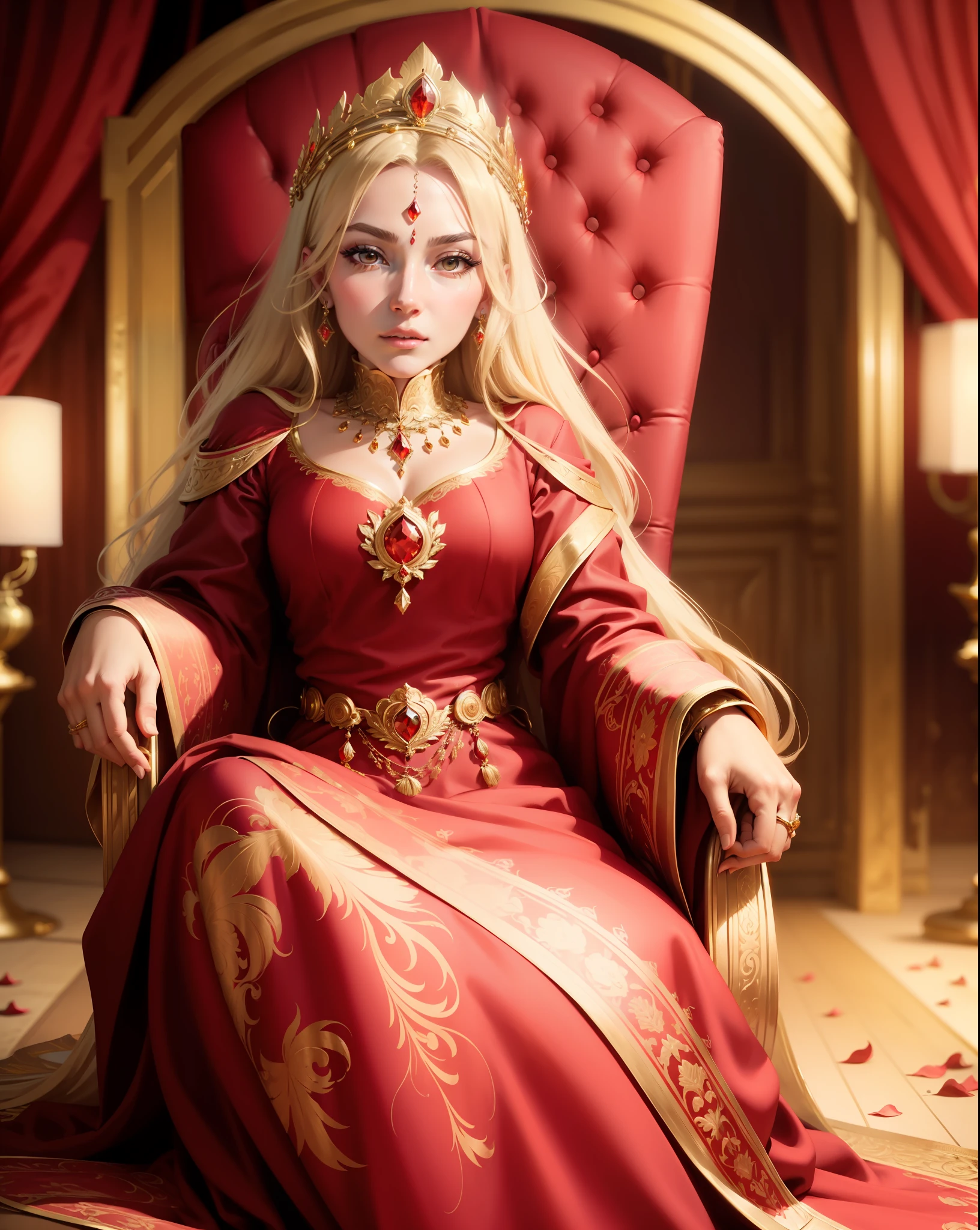 ((masterpiece)), best quality, ultra-detailed CG unity 8k wallpaper, regal and majestic, red and gold vintage dress, exquisite jewelry, sitting on a throne, surrounded by rose petals and flames, powerful and confident expression, royal palace background, dramatic lighting, dynamic pose and angle.