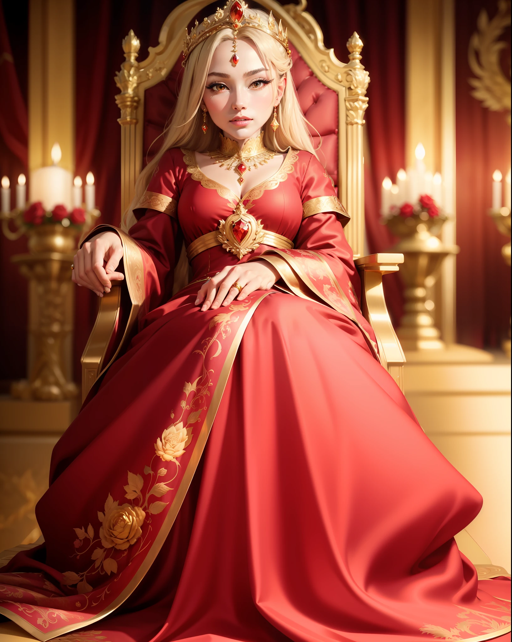 ((masterpiece)), best quality, ultra-detailed CG unity 8k wallpaper, regal and majestic, red and gold vintage dress, exquisite jewelry, sitting on a throne, surrounded by rose petals and flames, powerful and confident expression, royal palace background, dramatic lighting, dynamic pose and angle.