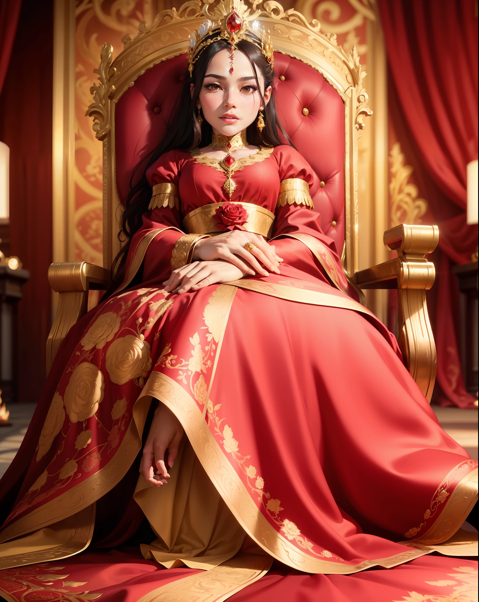 ((masterpiece)), best quality, ultra-detailed CG unity 8k wallpaper, regal and majestic, red and gold vintage dress, exquisite jewelry, sitting on a throne, surrounded by rose petals and flames, powerful and confident expression, royal palace background, dramatic lighting, dynamic pose and angle.