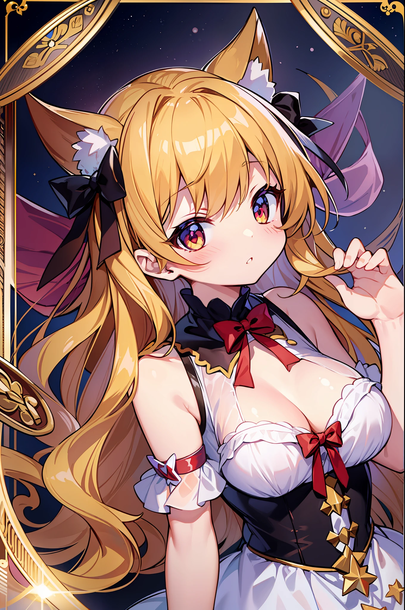 (MASTERPIECE)、(maximum quality)、(Super Detailed)、Official art、One Little Girl、Golden Hair Lori、Little Devil Dress、sleeveless、、seethrough、small breasts、modest chest、Small、Breast cleavage、Thigh Focus、Card Illustration、Enchanting darkness