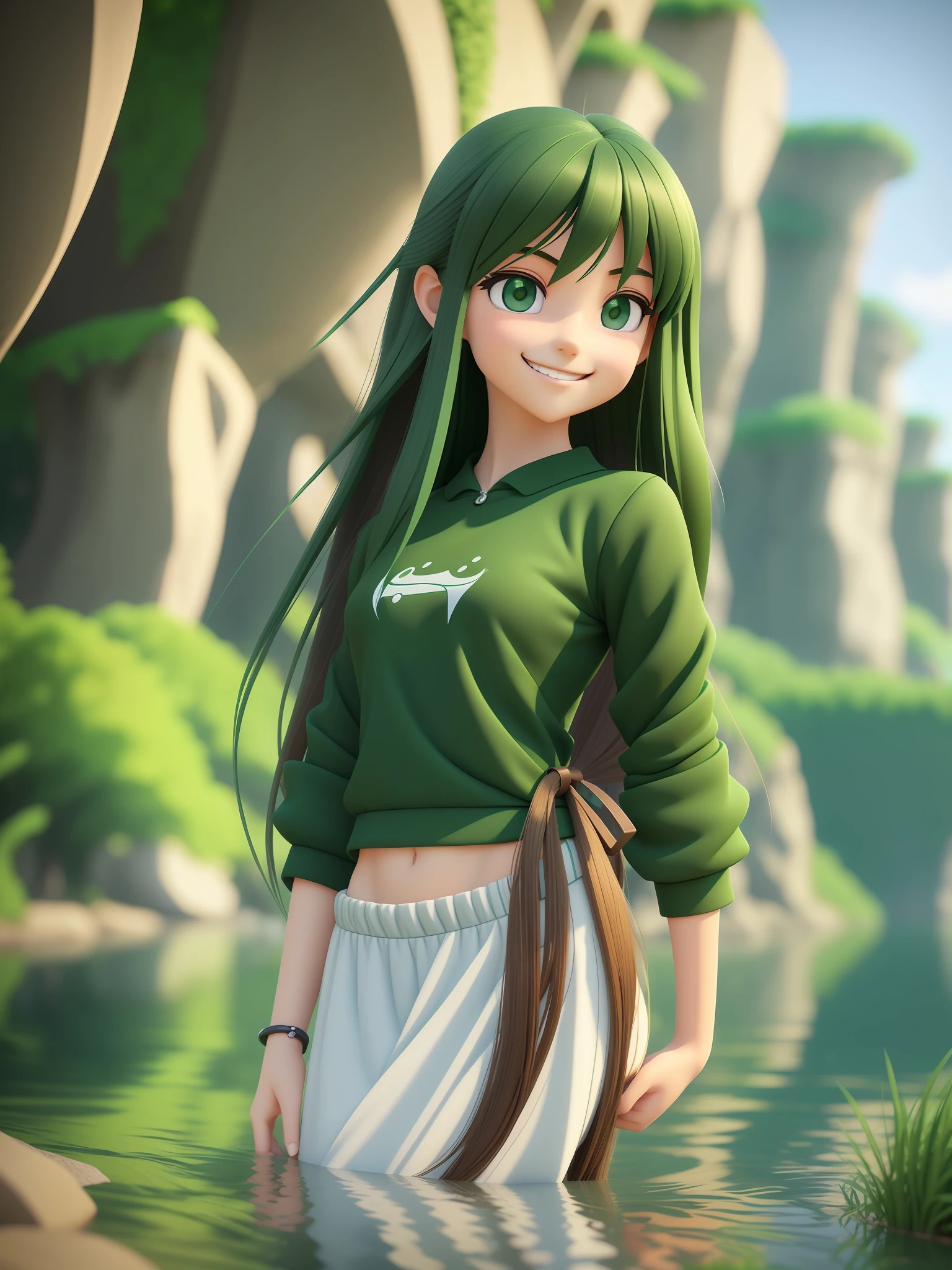 Young girl, a cartoon character in dark green clothes, ((wistful smile expression)), ((long hair)), stylized character, animation character, stylized 3d rendering, 3d character, highly detailed character, stylized anime, Stylized 3D, Character Rendering, Character Model, Closeup, (maximum quality), beside a river