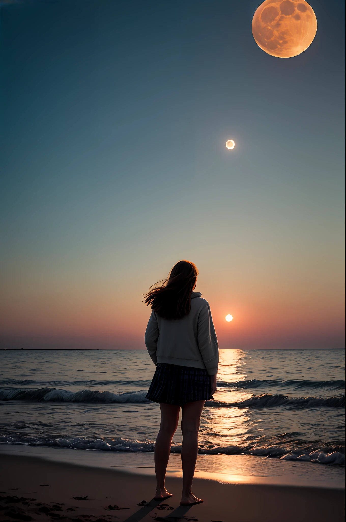 A women standing on the shore looking at the moon, beautiful soft light, cinematic look, view from below