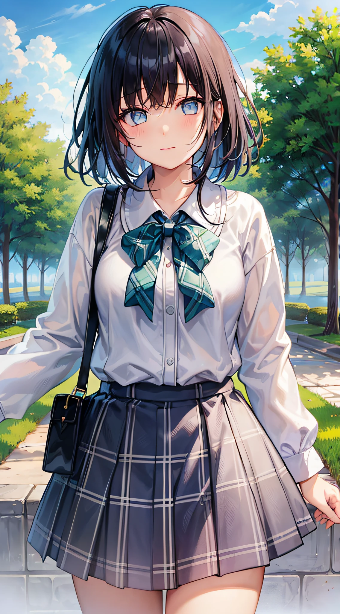 GIRL、(MASTERPIECE:1.1)、(maximum quality:1.1)、(White blouse:1.1)、(plaid skirts:1.1)、Student uniforms、high waist skirt、break[green grass:Pink,:0.5]theme、(Urban background:1.1)、Denim Lenses、Break Silver、Long、Green Eye、Landscape、