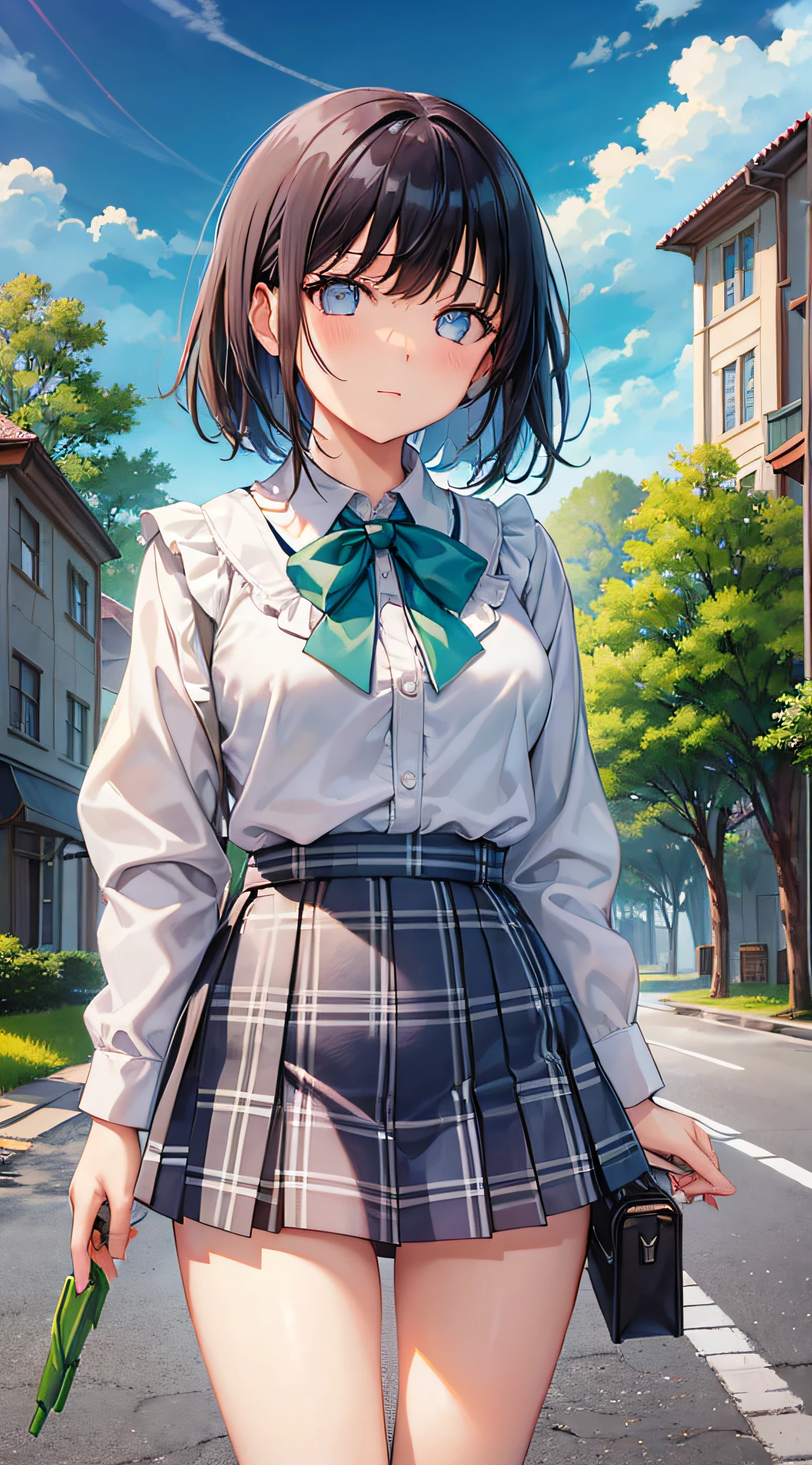 GIRL、(MASTERPIECE:1.1)、(maximum quality:1.1)、(White blouse:1.1)、(plaid skirts:1.1)、Student uniforms、high waist skirt、break[green grass:Pink,:0.5]theme、(Urban background:1.1)、Denim Lenses、Break Silver、Long、Green Eye、Landscape、