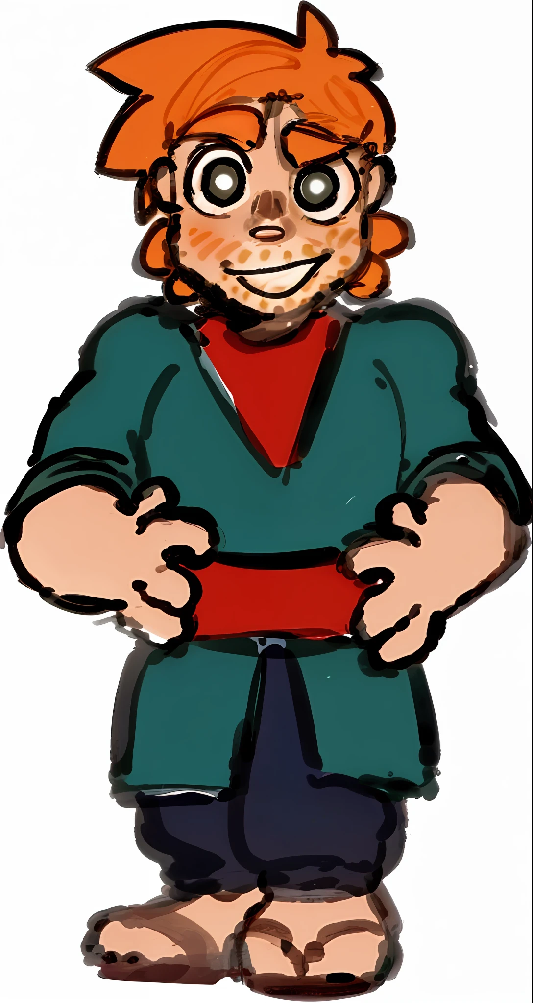 um desenho realista de um homem ruivo usando chinelo e camisa verde com detalhes vermelhos
