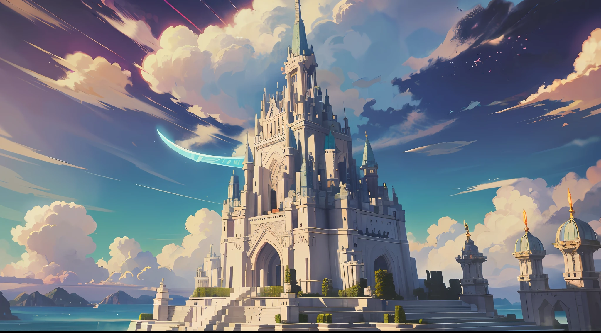 Please create a character in Minecraft who gracefully traverses between realms upon ethereal clouds, brandishing a sword in hand. Let this vision embody the concept that "Imagination is the most formidable instrument for crafting extraordinary realms." --auto --s2