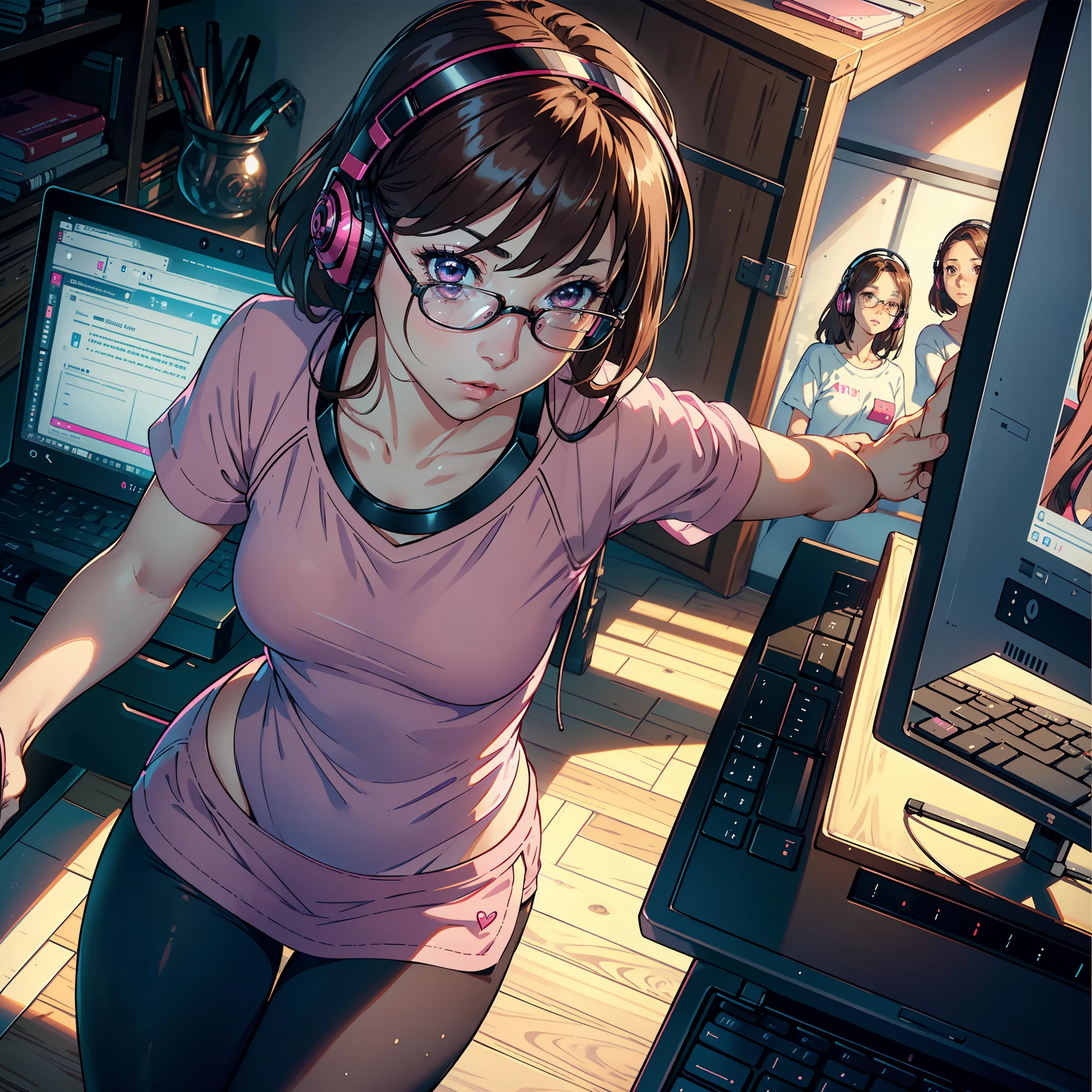 ((realistic: 1.5)),((best quality)), ((masterpiece)),((detailed)), a beautiful woman, medium brown hair, brown eyes, focus on face, sexy, innocent, long legs, curves, small breasts, nerd shirt, pink headset, wide hips, long eyelashes, using the computer, closed room