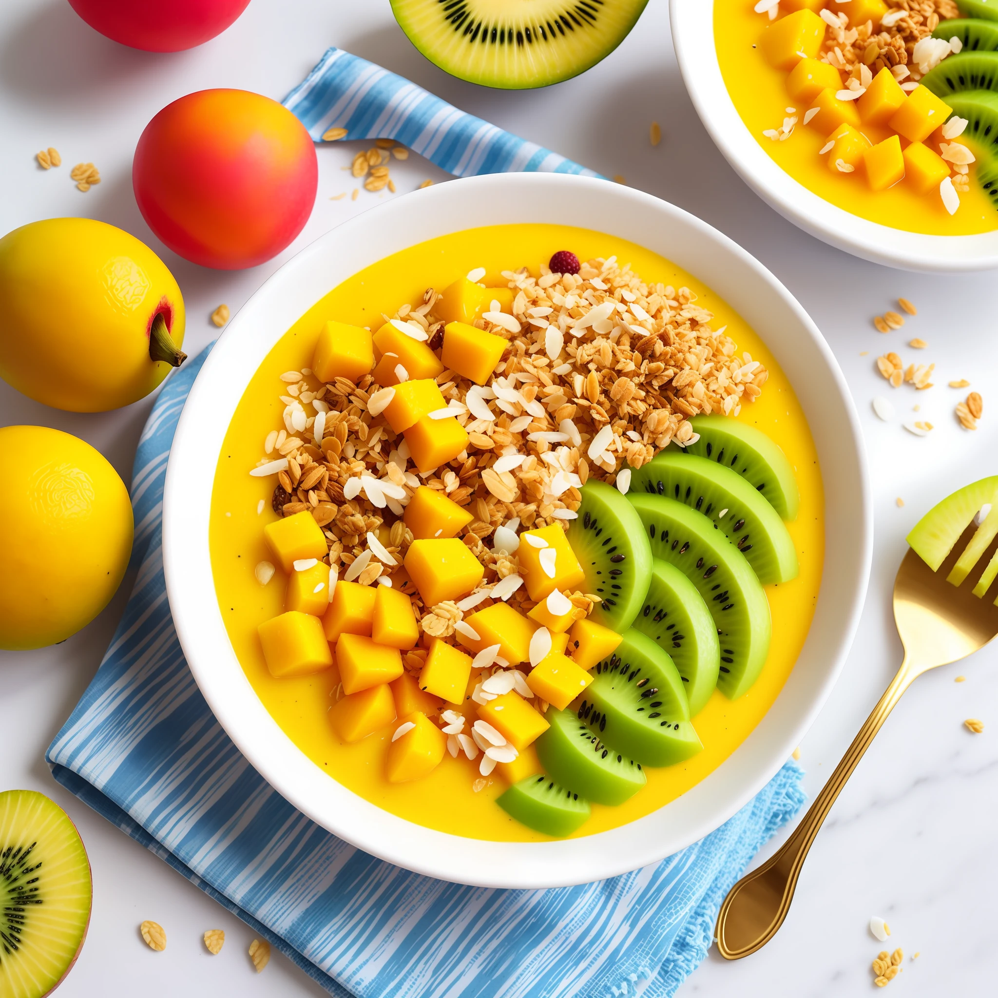 A vibrant and colorful tropical smoothie bowl with ripe mango, juicy pineapple, and tangy kiwi, topped with crunchy granola and shredded coconut. The smoothie is thick and creamy, with a refreshing sweetness and a hint of tartness.
Modifiers: Bold, vibrant, rich, aromatic, spicy, savory, tangy, sweet, fresh, crunchy, chewy, melt-in-your-mouth, zesty, succulent.
The image should be captured in high resolution to showcase the vibrant colors and intricate details of the dish. The lighting should be soft and natural to highlight the textures and flavors of the food.