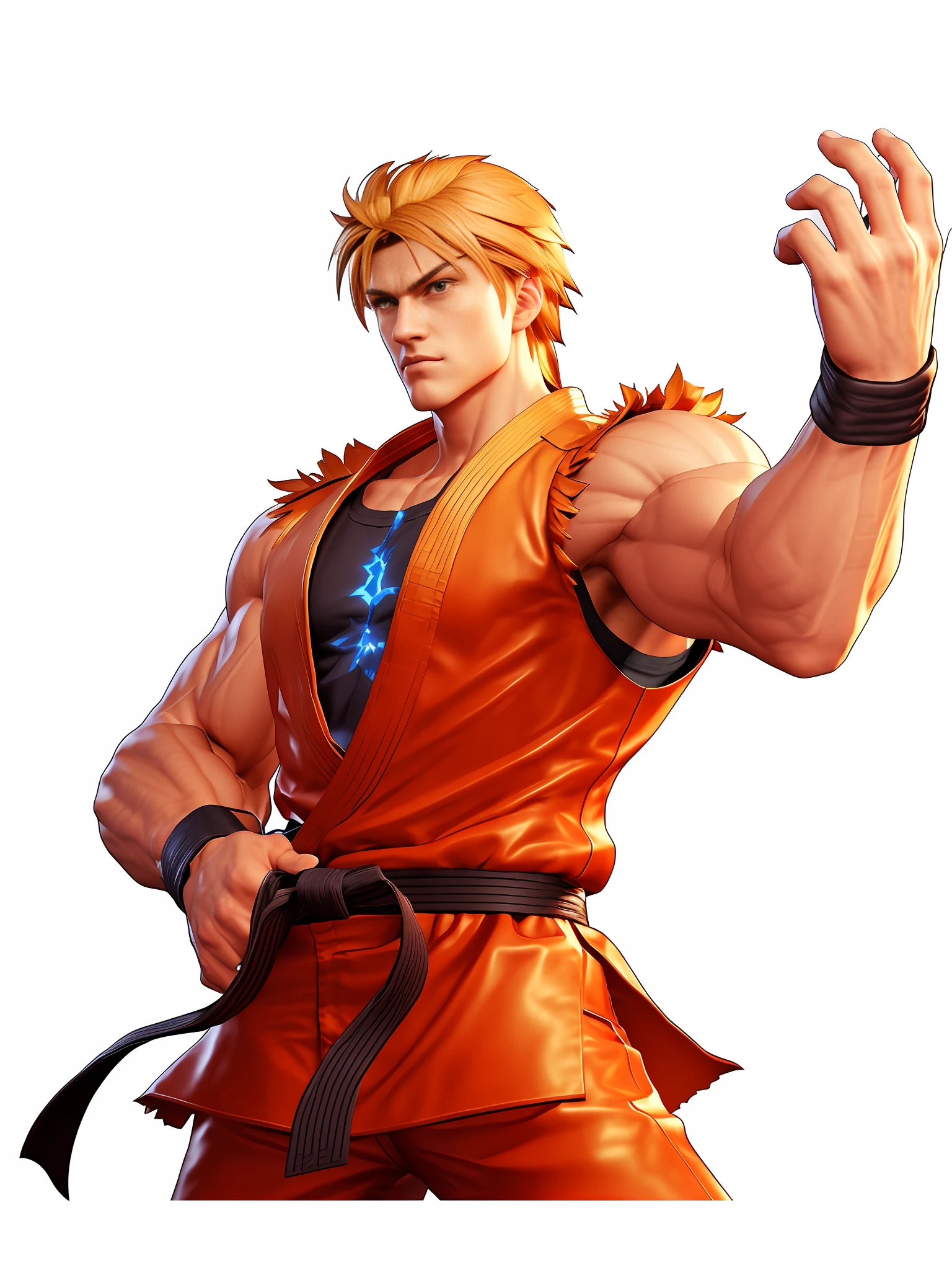 a close up of a person with a fist in a fist pose, character from king of fighters, as a character in tekken, fighting game character, furio tedesschi, of virtua figther, kazuma kaneko, king of fighters style, fighter pose, fighting pose, johan liebert, dio brando, fighting stance, Ryo from king of fighters, hyper detailed face and body, hyper detailed hands and fingers, looking at the viewer, furious face, KOF style arts, bioluminescent, chiaroscuro, holographic and luminous lighting effects, 3D game render, hyper realistic
