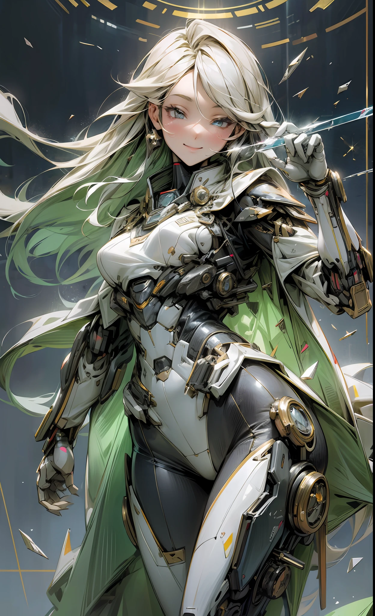 Best quality, masterpiece, highres, broken shards of glass, reflective, glitter, cool, egdy, smile, woman, long hair, sexy, intricate, cinematic, mecha, robotic, futuristic, advanced, perfect female anatomy, matrix, cybernetics, hydraulics, militaristic, cloths, robes, closeup