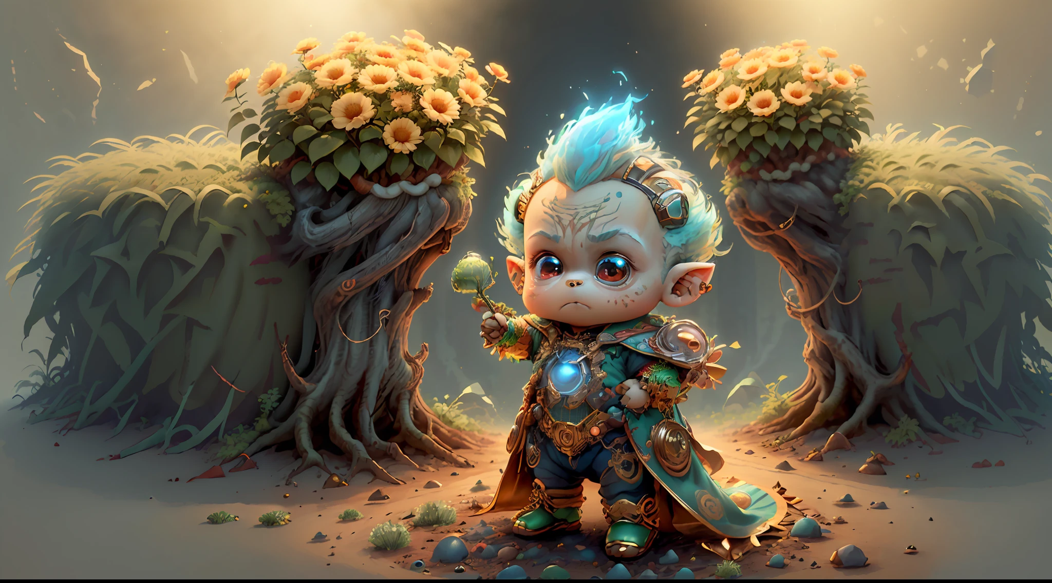 (extremely cute and delicate CG illustration, ultra-detailed and ultra-high quality), best illumination, best shadow, an extremely cute and adorable cu73cre4ture (agama), with big round eyes and a small cute mouth, small horns on its head, vibrant and vivid colors, dynamic angle, dynamic pose, floating, in a magical and enchanting place, with lush vegetation and vibrant flowers.