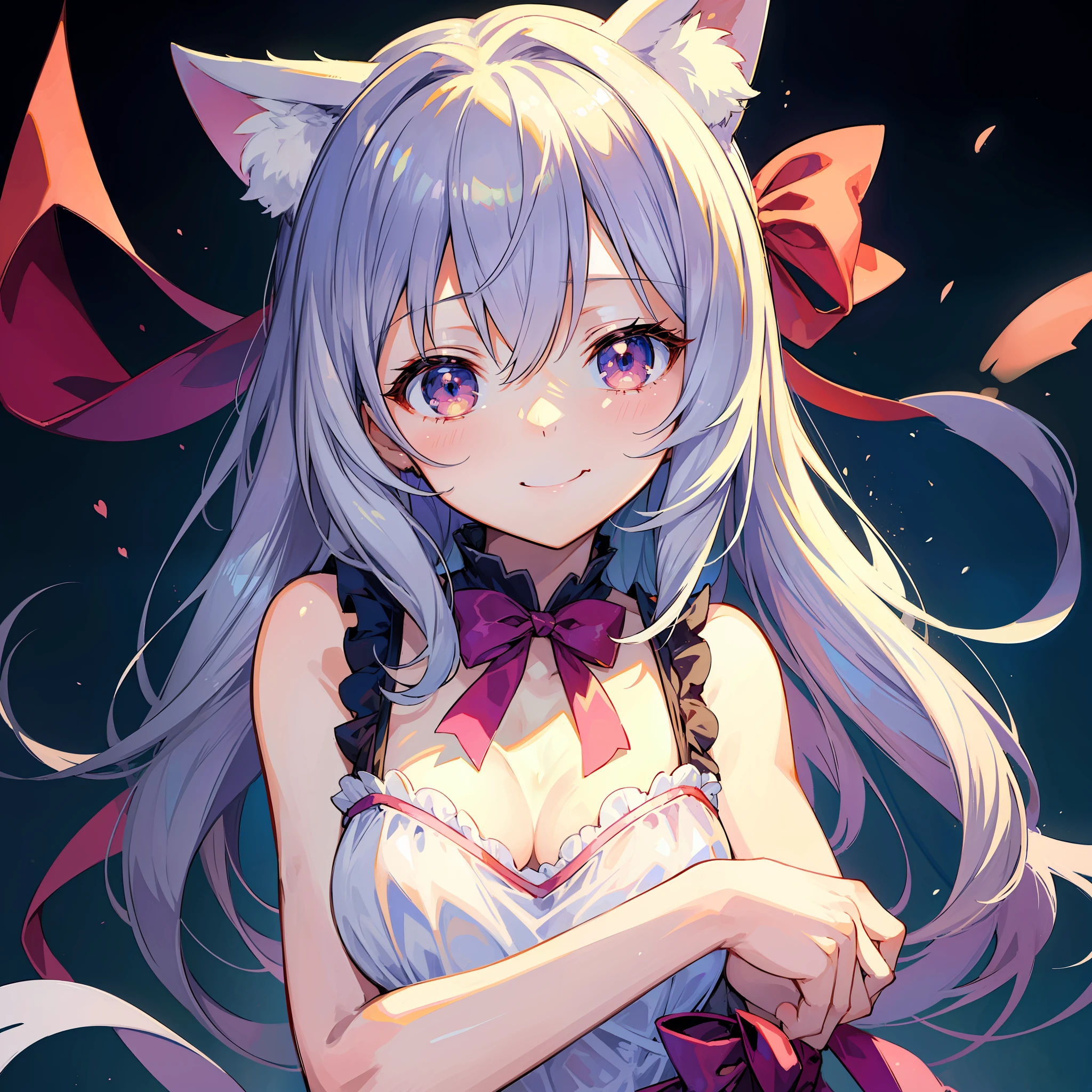 (MASTERPIECE)、(Top quality anime illustrations)、(ultra definition)、girl 1 person、(solo)、Beautiful girl with silver hair、Anime 、Cat eared lolitle Devil Girl、seethrough、Sleeveless、a smiling look、Cleavage emphasis、Lower milk emphasis、thights、Little devil loli、Offl Art