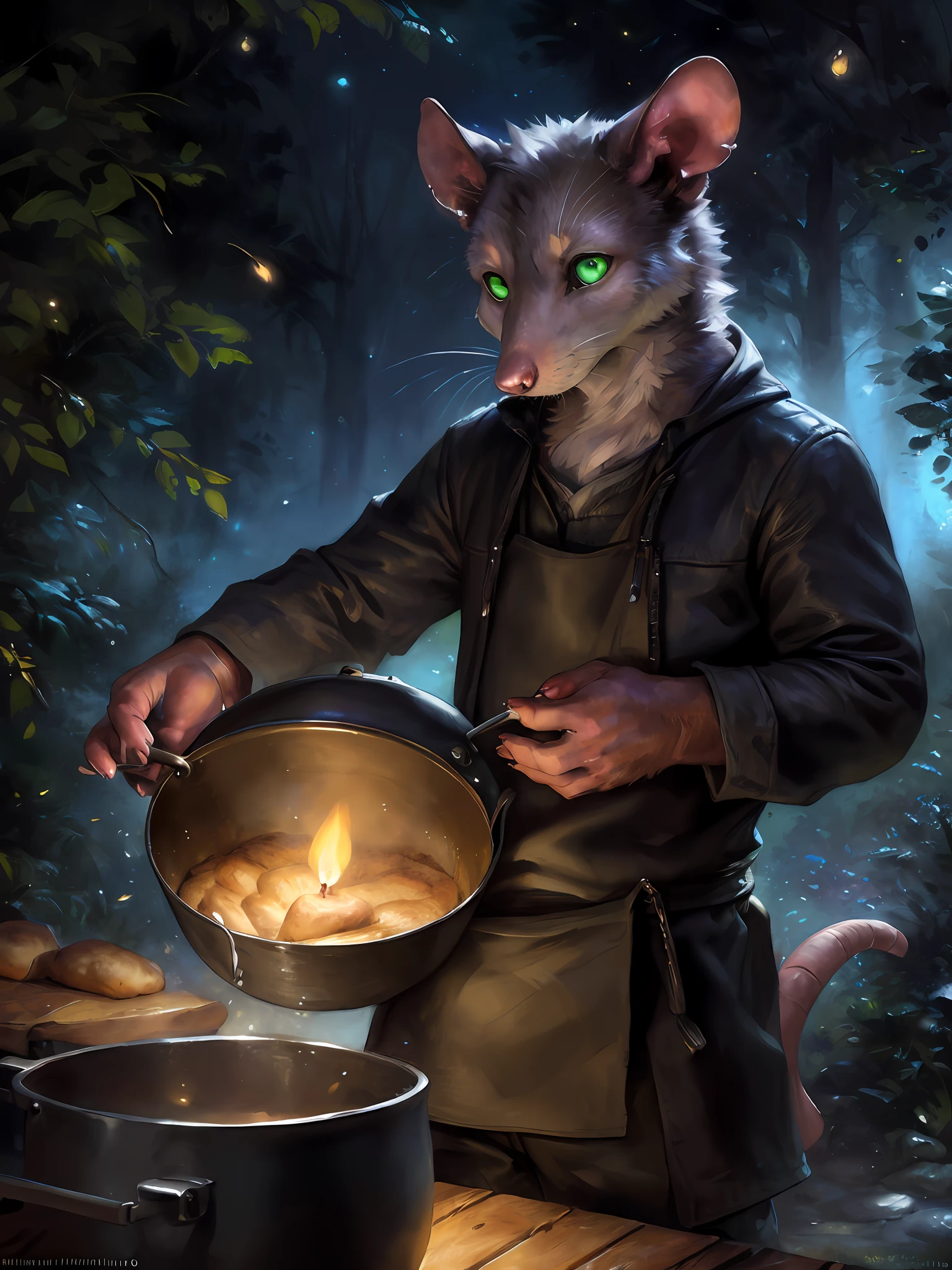solo, male, (slim), (male anthro possum):1.3, grey body, white belly, (inside a cook pot):1.3, (kemono:1.4)
(inside a big black pot), wearing a bread costume
detailed eyes, possum tail, covered in vegetables ((body portrait)),
, (detailed eyes, green eyes, glowing eyes):1.1,
(outdoors:1.35), giant cook pot, forest, candle, night, (particles ,firefly, blue glowing):1.3,
detailed background, photorealistic, realistic hands, 8k HD,
(dark shadows, wide dynamic range, hdr, low light:1.2),
by (by Pino Daeni, (by ruaidri), (by virtyalfobo), (by Kenket).