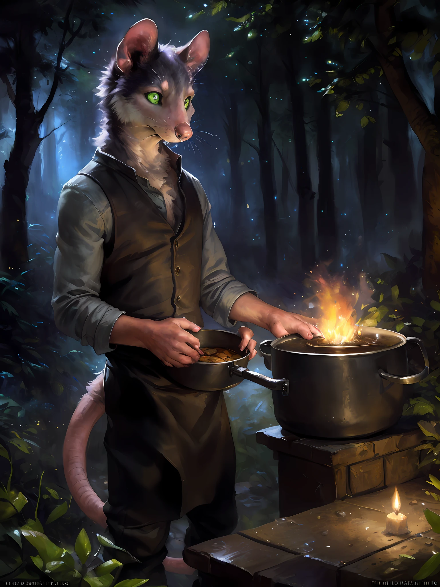 solo, male, (slim), (male anthro possum):1.3, grey body, white belly, (inside a cook pot):1.3, (kemono:1.4)
(inside a big black pot), wearing a bread costume
detailed eyes, possum tail, covered in vegetables ((body portrait)), 
, (detailed eyes, green eyes, glowing eyes):1.1,
(outdoors:1.35),  giant cook pot, forest, candle, night, (particles ,firefly, blue glowing):1.3, 
detailed background, photorealistic, realistic hands, 8k HD,
(dark shadows, wide dynamic range, hdr, low light:1.2),
by (by Pino Daeni, (by ruaidri), (by virtyalfobo), (by Kenket).