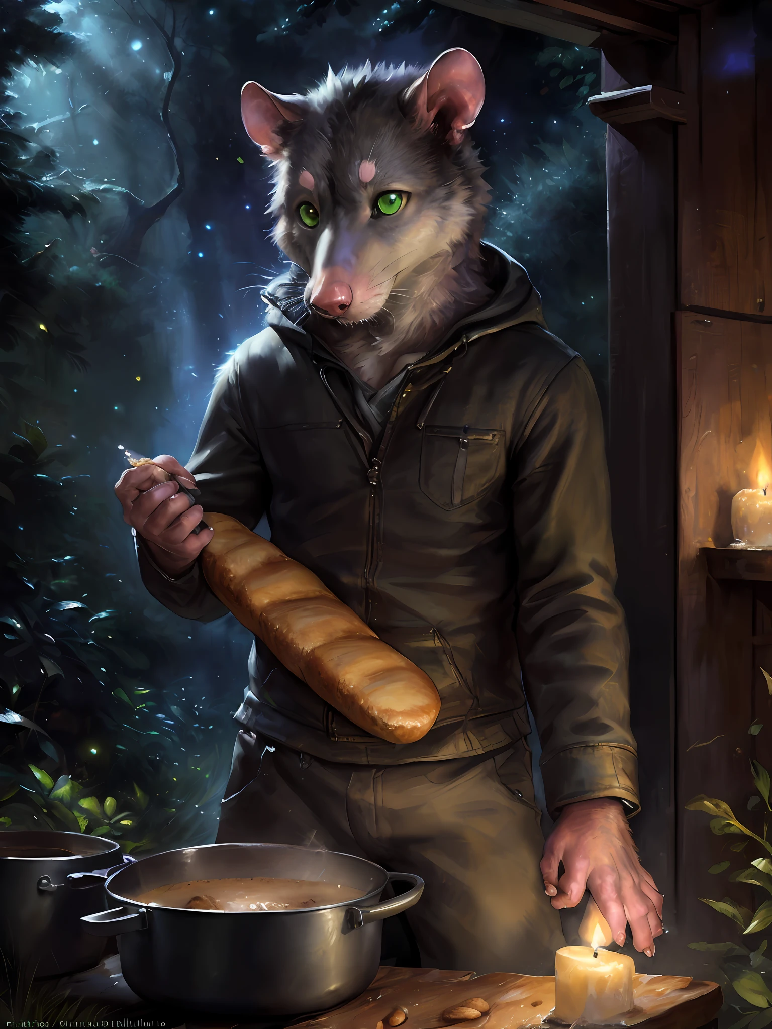 solo, male, (slim), (male anthro possum):1.3, grey body, white belly, (inside a cook pot):1.3, (kemono:1.4)
(inside a big black pot), wearing a bread costume
detailed eyes, possum tail, covered in vegetables ((body portrait)), 
, (detailed eyes, green eyes, glowing eyes):1.1,
(outdoors:1.35),  giant cook pot, forest, candle, night, (particles ,firefly, blue glowing):1.3, 
detailed background, photorealistic, realistic hands, 8k HD,
(dark shadows, wide dynamic range, hdr, low light:1.2),
by (by Pino Daeni, (by ruaidri), (by virtyalfobo), (by Kenket).