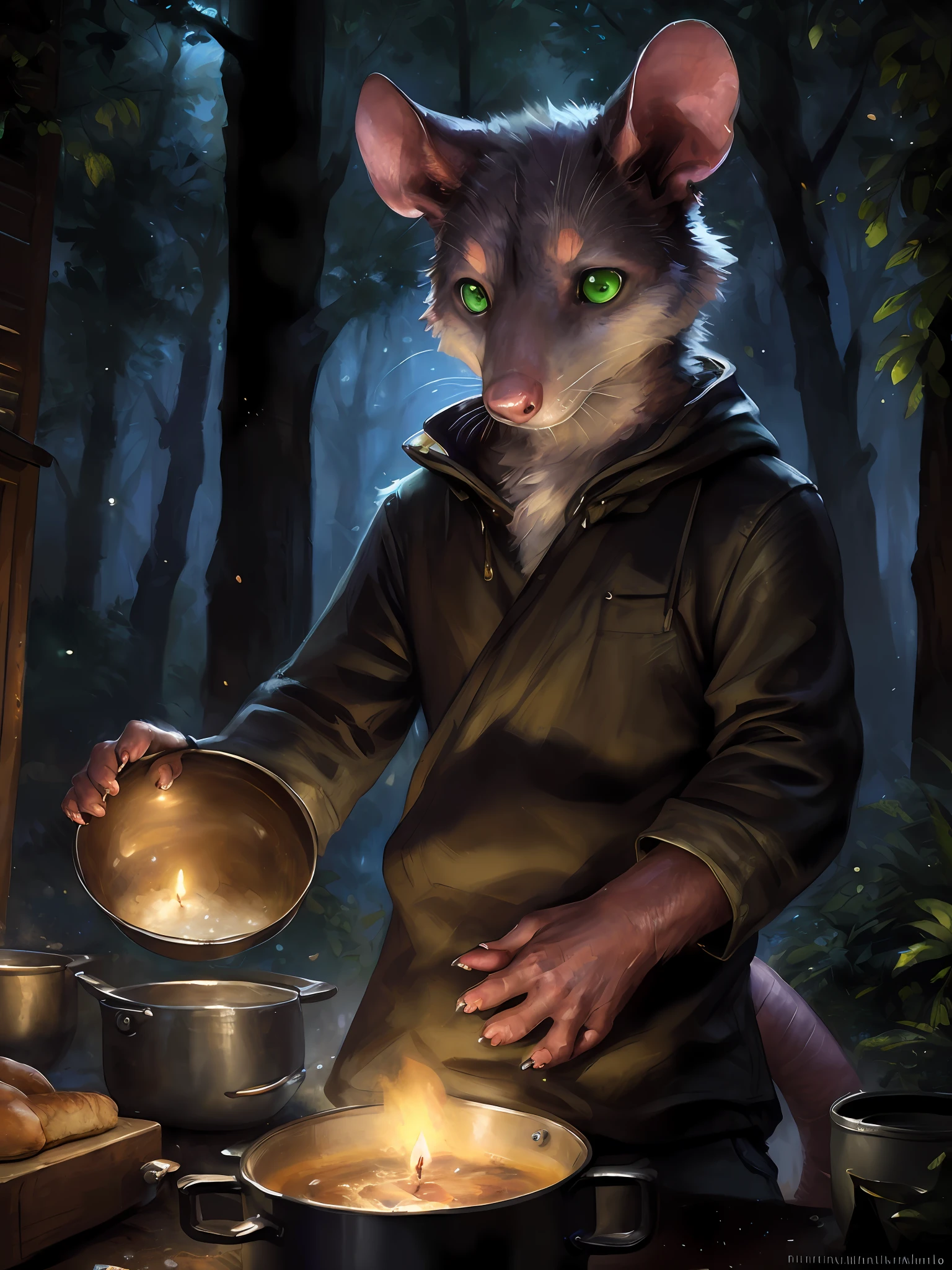 solo, male, (slim), (male anthro possum):1.3, grey body, white belly, (inside a cook pot):1.3, (kemono:1.4)
(inside a big black pot), wearing a bread costume
detailed eyes, possum tail, covered in vegetables ((body portrait)), 
, (detailed eyes, green eyes, glowing eyes):1.1,
(outdoors:1.35),  giant cook pot, forest, candle, night, (particles ,firefly, blue glowing):1.3, 
detailed background, photorealistic, realistic hands, 8k HD,
(dark shadows, wide dynamic range, hdr, low light:1.2),
by (by Pino Daeni, (by ruaidri), (by virtyalfobo), (by Kenket).