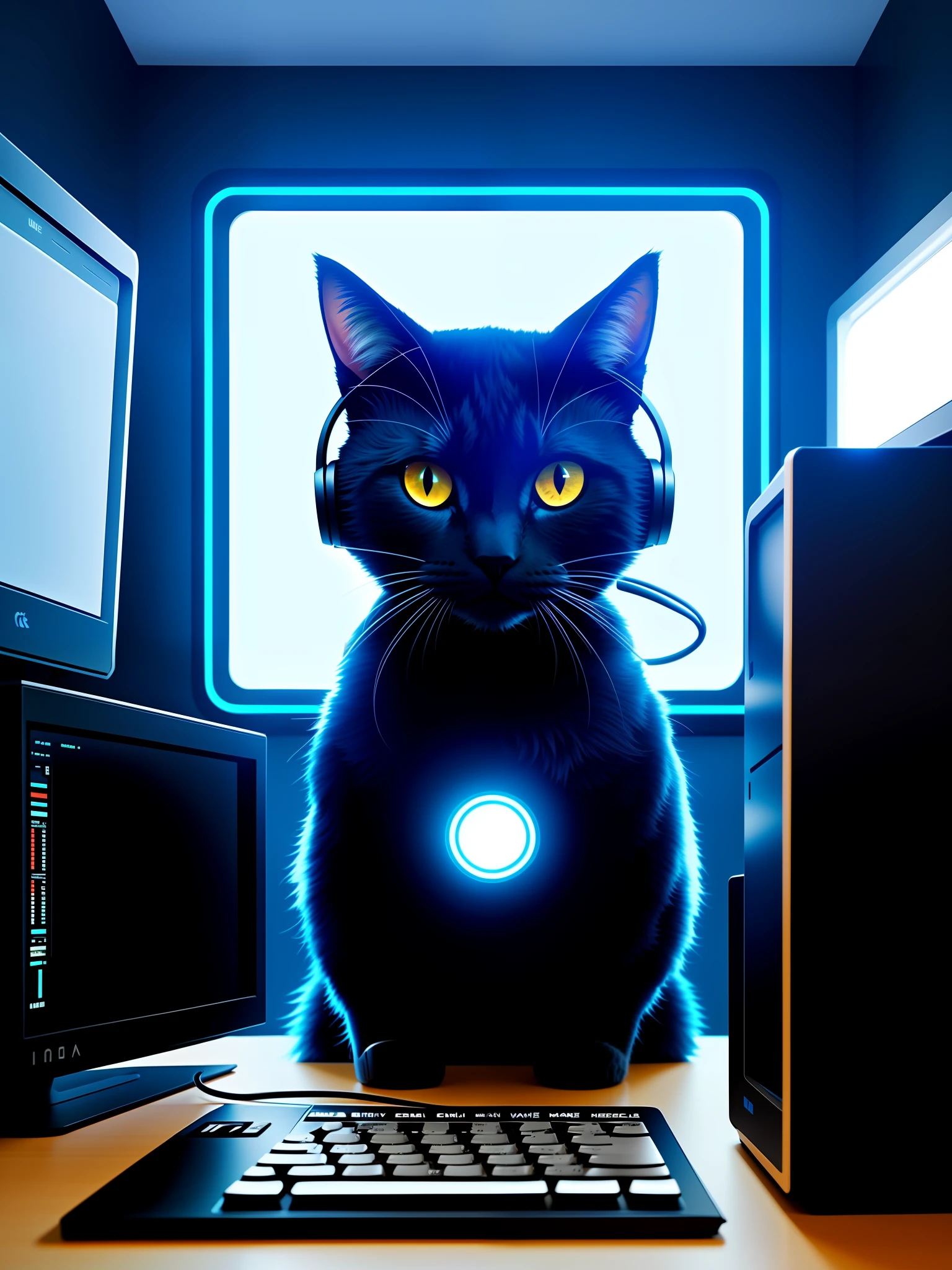 Make a futuristic cat, hack, he's facing the computer, the cat is black, tem uma cicatriz no olho esquerdo, you're using a headset and using your keyboard, in a totally futuristic setting inside your room