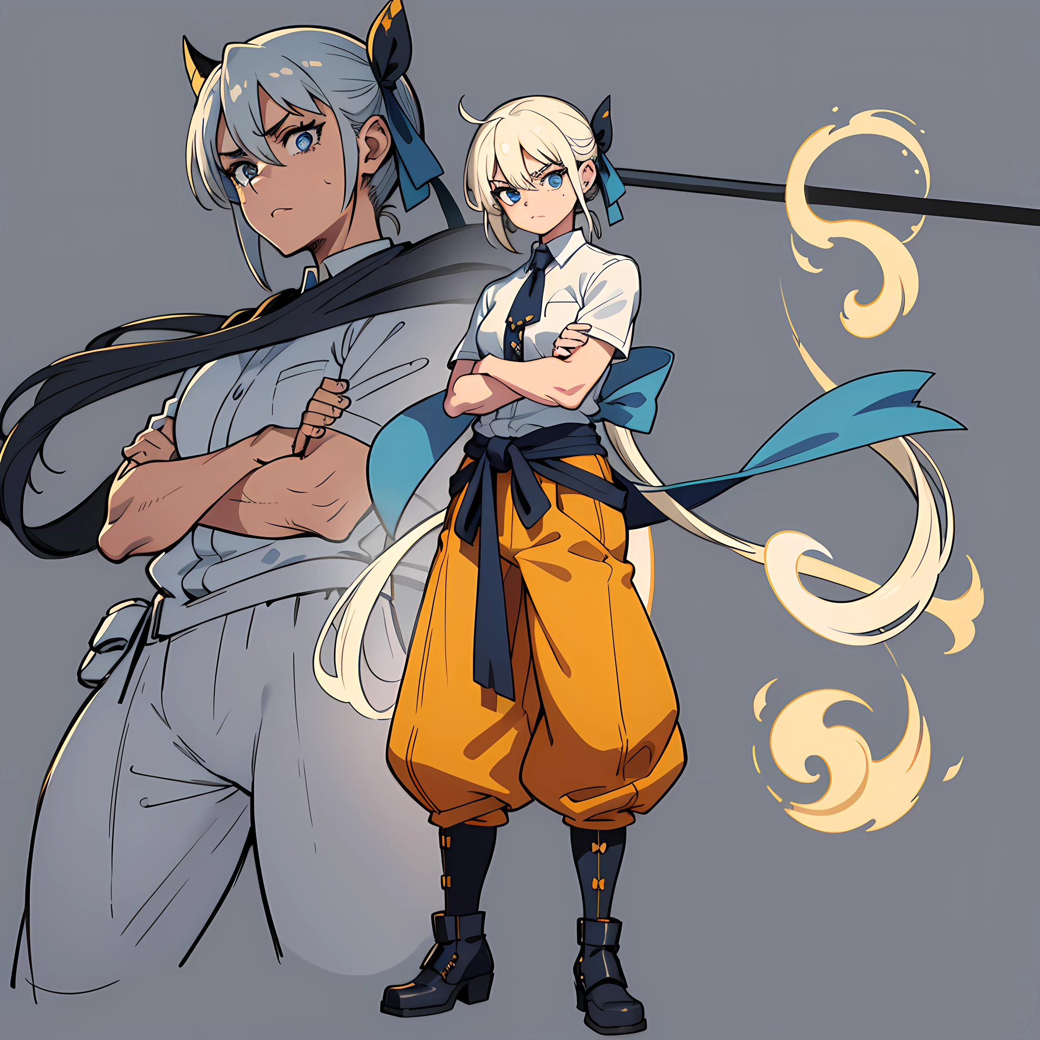 estilo corpo todo, combinando o estilo Guilty Gear -Lutar- with the artistic influence of Yusuke Murata, biquni sexy | | | | | | | |, staring into the camera, Pose do modelo, corpo sexy, model sheet da mesma personagem, 4 angles, em estilo yusuke murata, 4k, cheio de detalhes, mesmo modelo de folha, um jovem de 17 anos, com uma altura imponente de 1,85 metros. His skin is white and his eyes are striking, profundos e pretos, conveying a fierce determination. His body is athletic and well-definido, with sculpted and trained muscles. Every anatomical detail is carefully represented, providing a sense of realism and strength. Ele veste uma camisa preta com detalhes em azul, short sleeves that go up to your shoulders and a collar that covers your neck. A gola tem um detalhe em "Em", adicionando um toque estiloso ao seu visual. His pants are a greyish blue hue, complementando a camisa. Ele usa botas detalhadas na cor preta, with blue laces, que adicionam um contraste interessante ao seu traje. A workout band is tied around your waist. Her hair is black as night and falls down to her shoulders, com movimento ao vento, Adding dynamism to the scene. Seu rosto expressa seriedade e desafio, conveying a ruthless determination. Ele usa luvas pretas com detalhes dourados, highlighting your strong and powerful fists. Your muscles are well defined and trained, displaying your strength and physical ability. A capa retrata o protagonista em uma pose frontal, looking straight into camera, intensifying its imposing and challenging presence. The bustling city in the background conveys the feeling of life and energy, com cores mais fortes em estilo Mappa. The muscular details of your healthy arms
