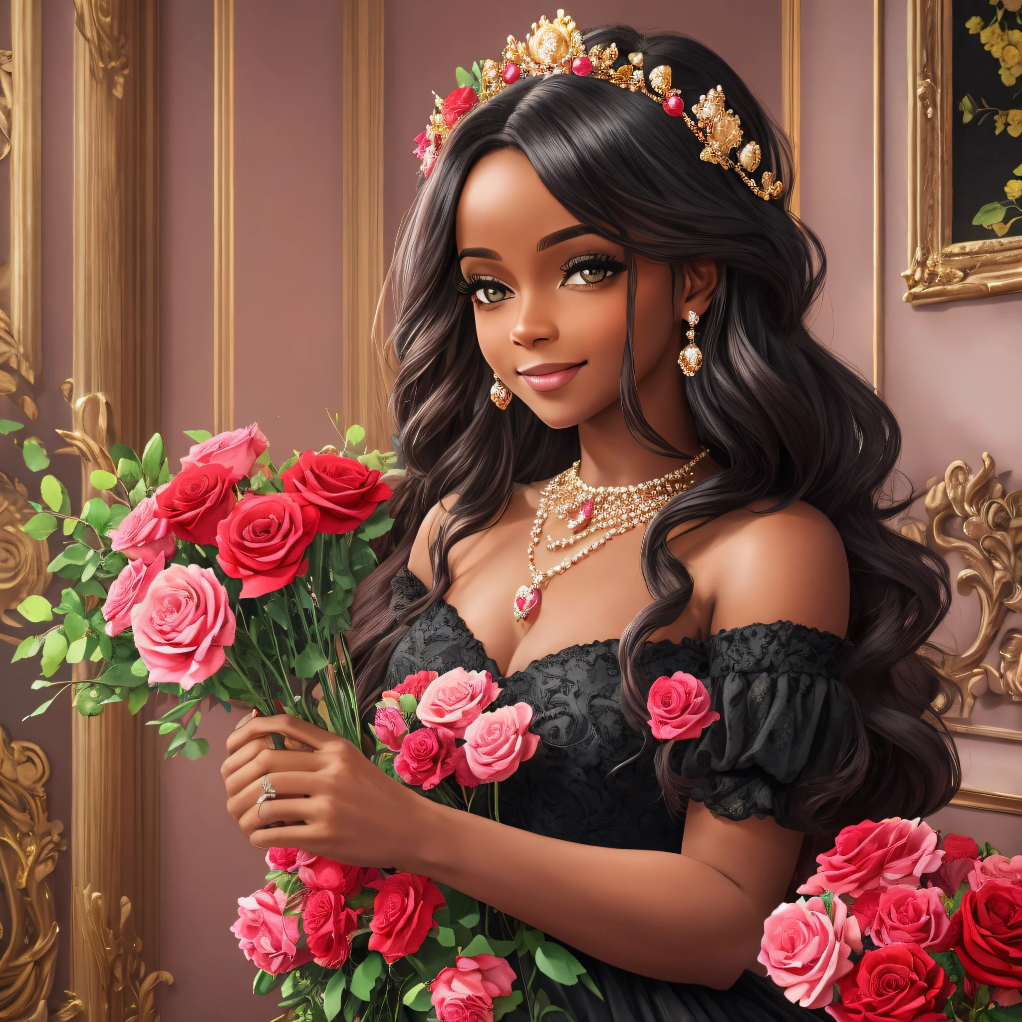 Uma princesa negra com vestido rosa, olhos vermelhos, cabelos cinza cacheados e longos, com uma coroa de ouro pedras rosas e diamantes, smiling with a bouquet of red roses in his hands, a heart-shaped necklace, realista --auto --s2