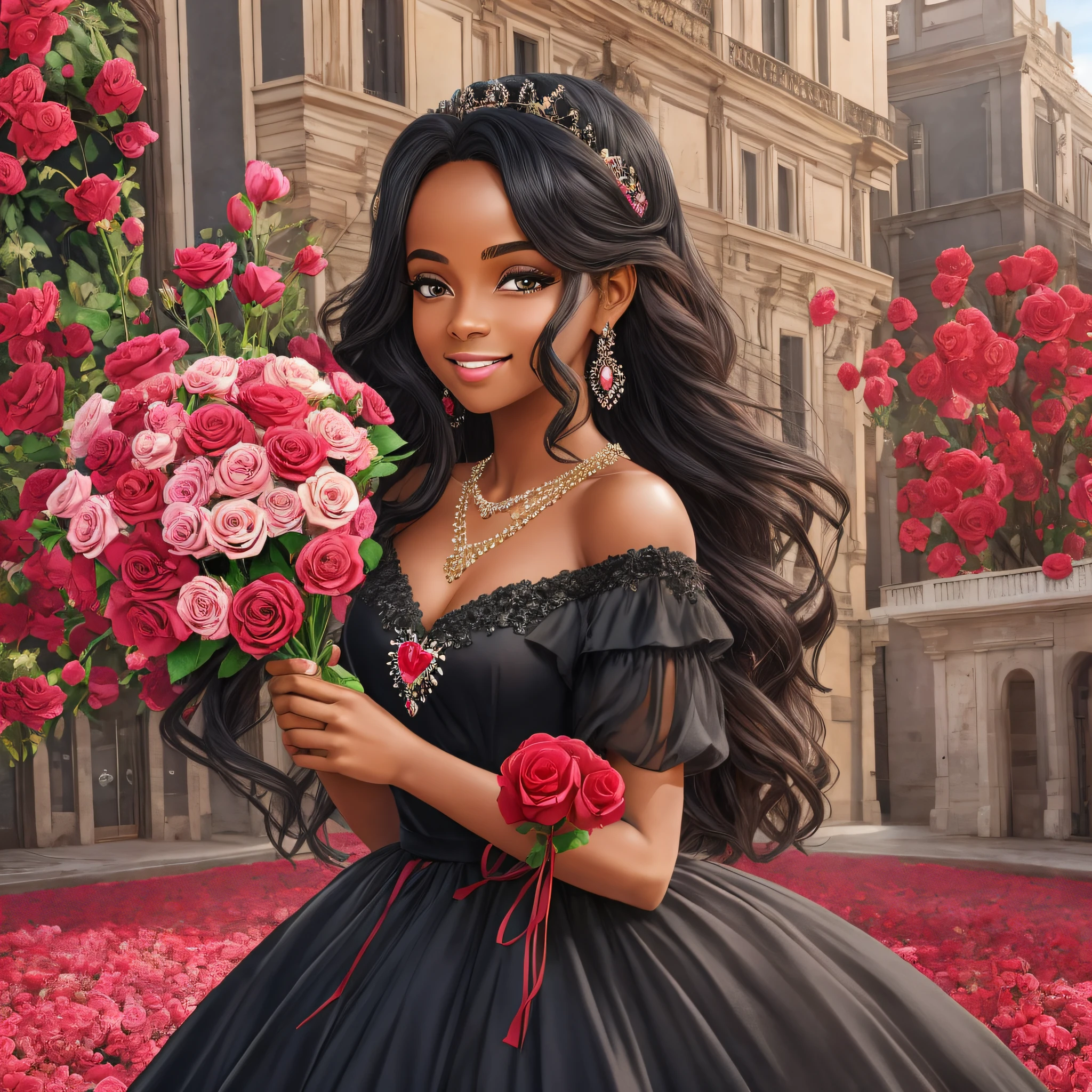 Uma princesa negra com vestido rosa, olhos vermelhos, cabelos cinza cacheados e longos, com uma coroa de ouro pedras rosas e diamantes, smiling with a bouquet of red roses in his hands, a heart-shaped necklace, realista --auto --s2