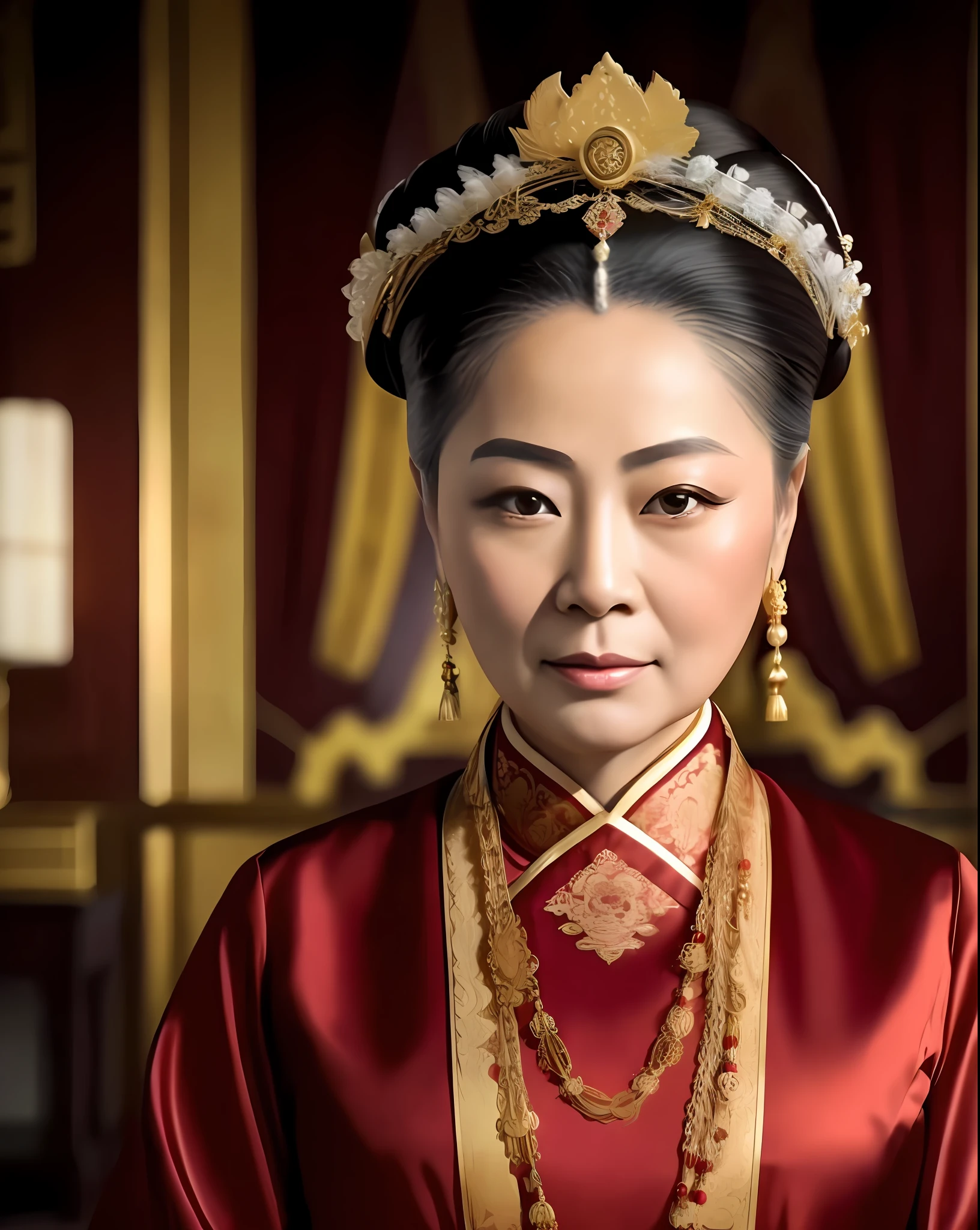 arafed woman in a red dress with a gold necklace and a gold necklace, chinese empress, ancient chinese princess, chinese princess, inspired by Li Tang, ancient asian dynasty princess, inspired by Guo Xi, wearing ancient chinese clothes, inspired by Wang Meng, portrait of mulan, inspired by Tang Di, inspired by Xu Xi, inspired by Zhang Zeduan