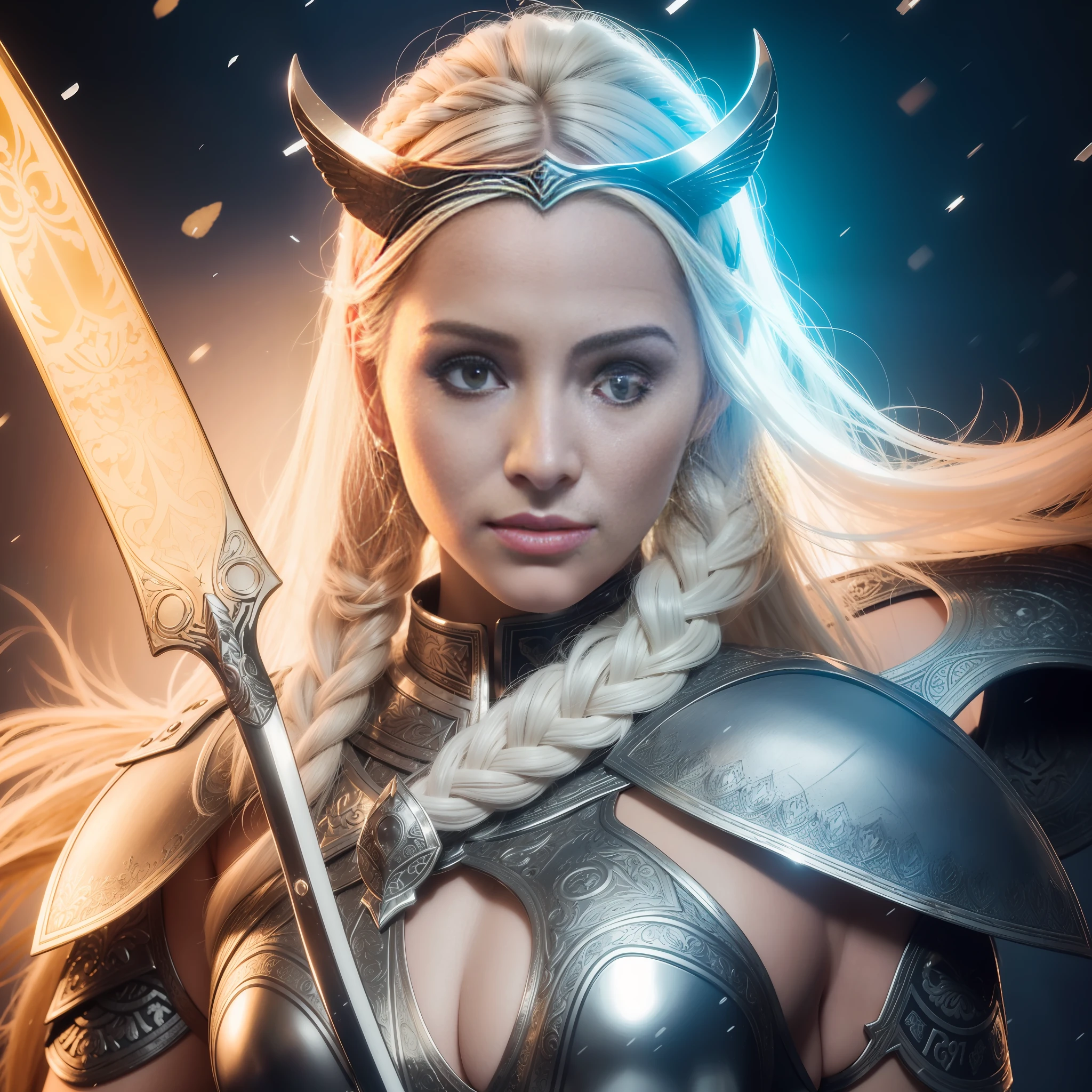 (obra maestra), realistic 35 year old woman, Una hermosa, hermosa, perfect and athletic Nordic warrior goddess Valkyrie, Rubio platino con trenzas, nieve-piel blanca, con espada y armadura vikinga, Envuelto en una luz espiritual resplandeciente, con un semblante serio.