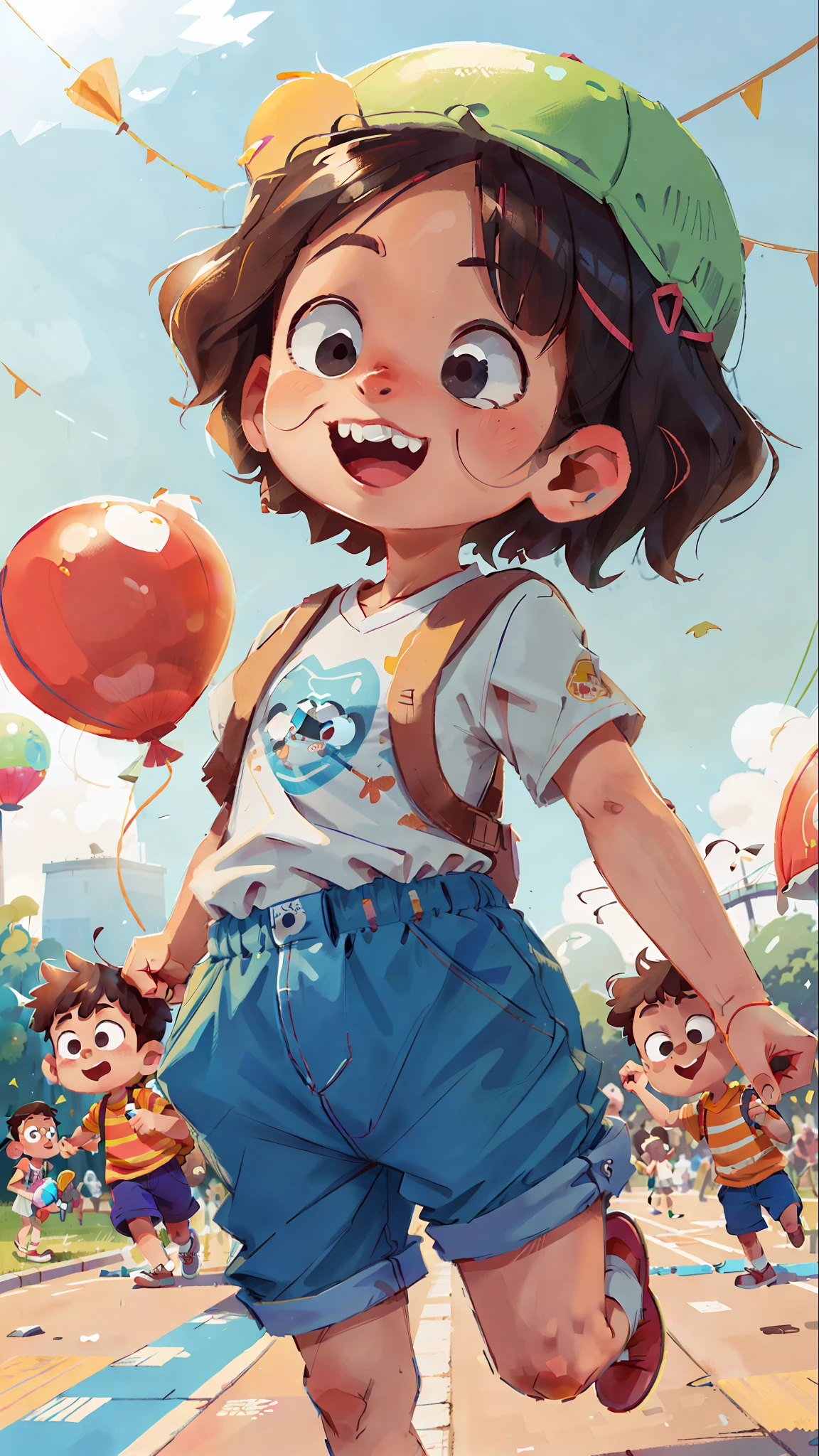 (SFW), um meninos correndo, amusement park, holding balloons, feliz, com a metade da cara caveira e a outra humana, qualidade perfeita, foco claro, colorido, rosto perfeito, detalhes intrincados, Ultra viewing angle-baixo, lente grande angular --v 6