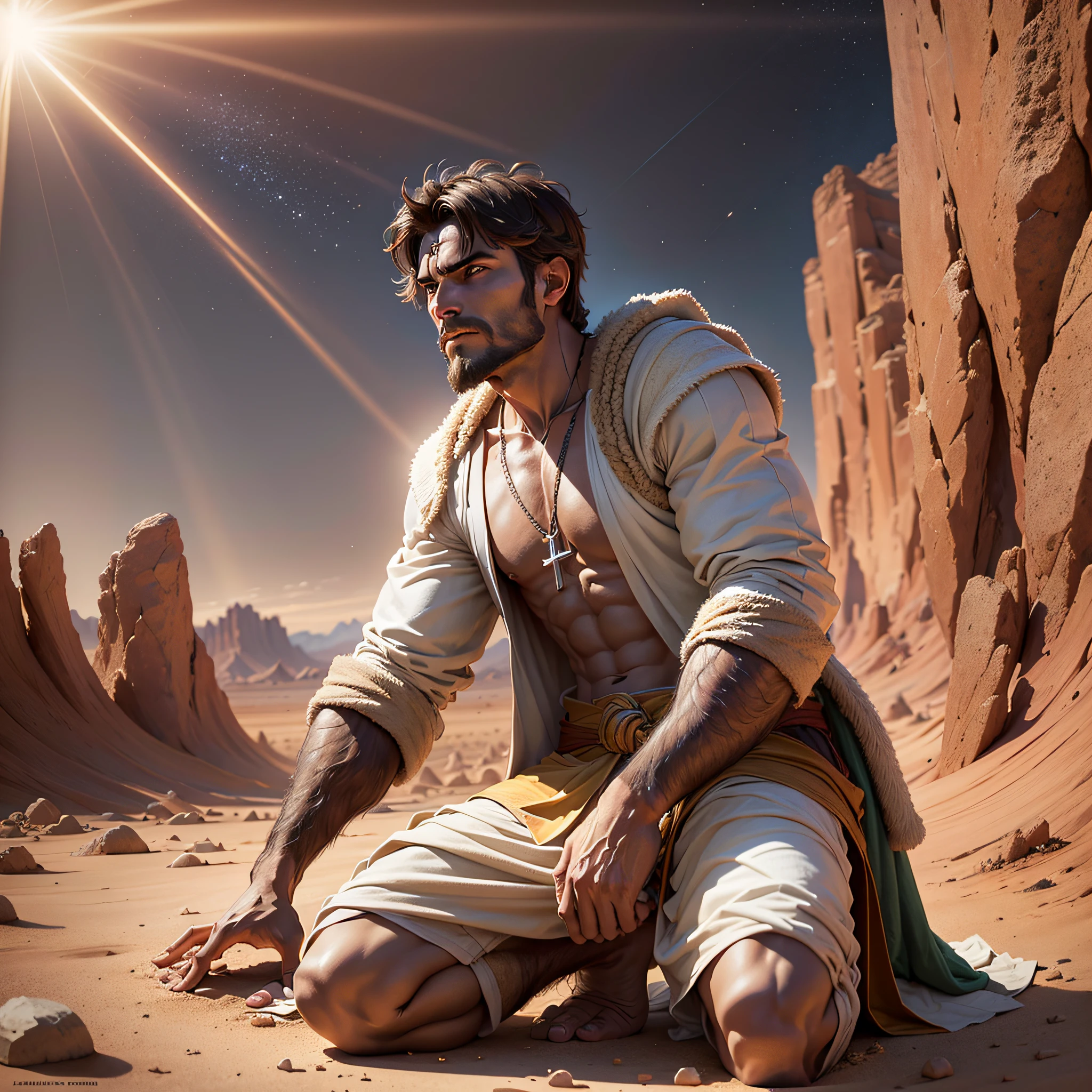 (pt)="Apostle Paul, with his features perfectly lit by the divine light(best lighting), kneeling on a barren desert road that cleverly contrasts with the bright background. A cinematic and magnificent scene is set. --auto --s2