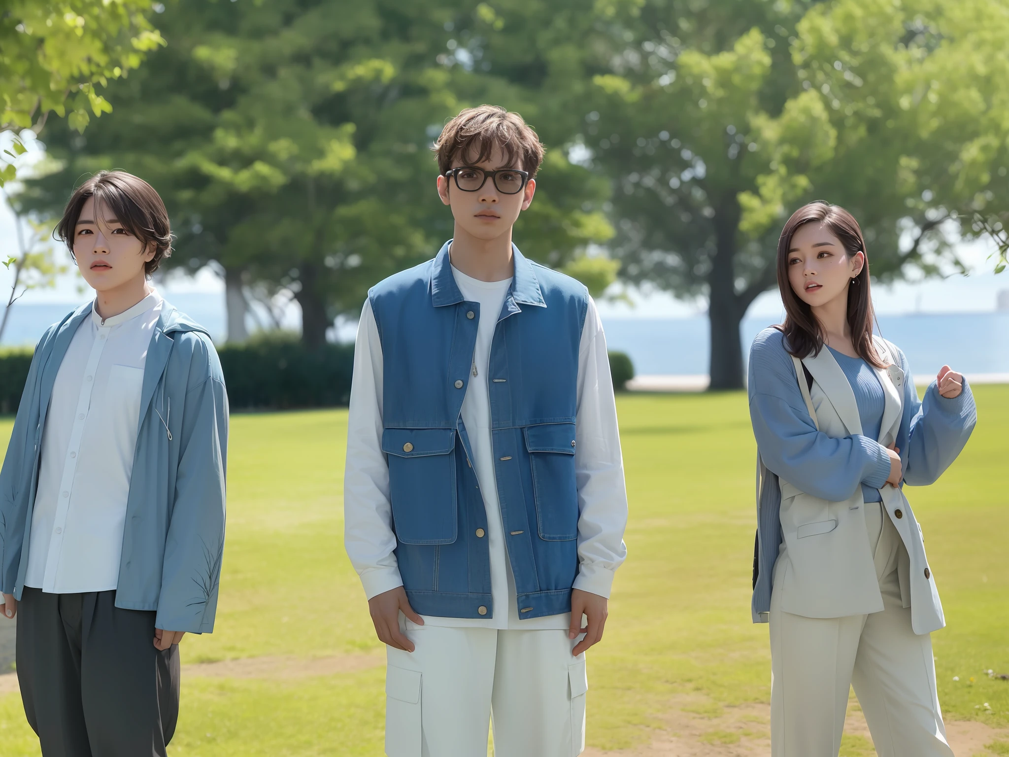 three people standing in a park with a lake in the background, key still, still from a live action movie, promo still, film promotional still, promotional still, photo 1 5 mm, movie promotional image, production still, still from the movie, sunny day, official fanart, uniform off - white sky, promotional picture, promotional movie still, photoshoot, spring day