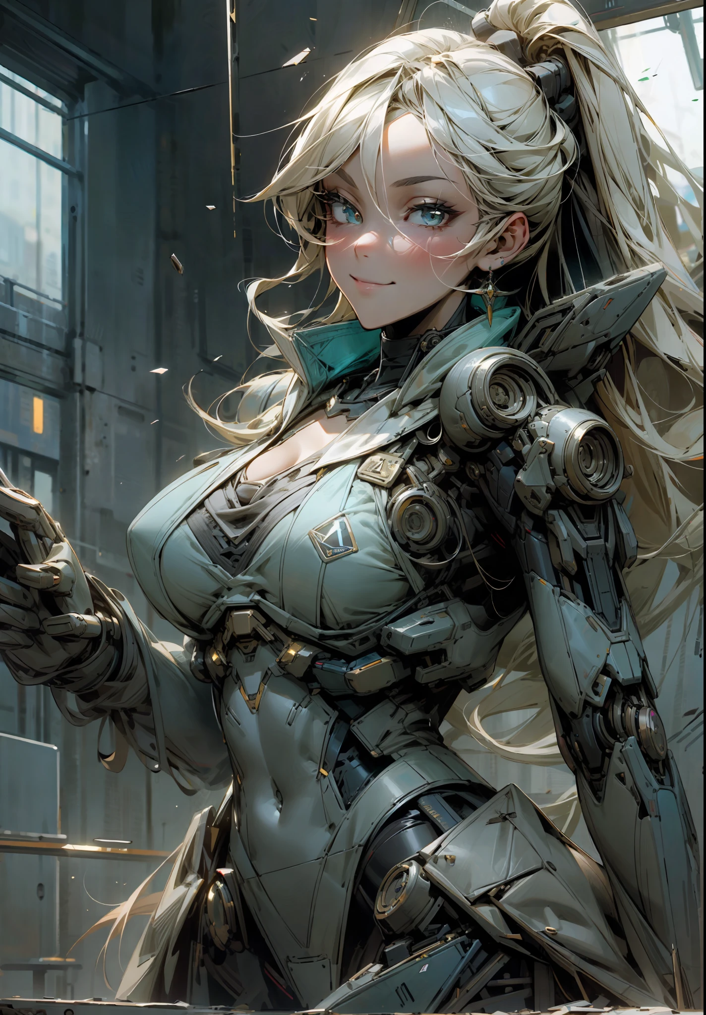 Best quality, masterpiece, highres, broken shards of glass, reflective, glitter, cool egdy, smile, woman, boobs, cleavage,long hair, sexy, intricate, cinematic, macha, robotic, futuristic, advanced, perfect female anatomy, matrix, cybernetics, hydraulics, militaristic, cloths, robes, closeup, rogue, super soldier, beauty