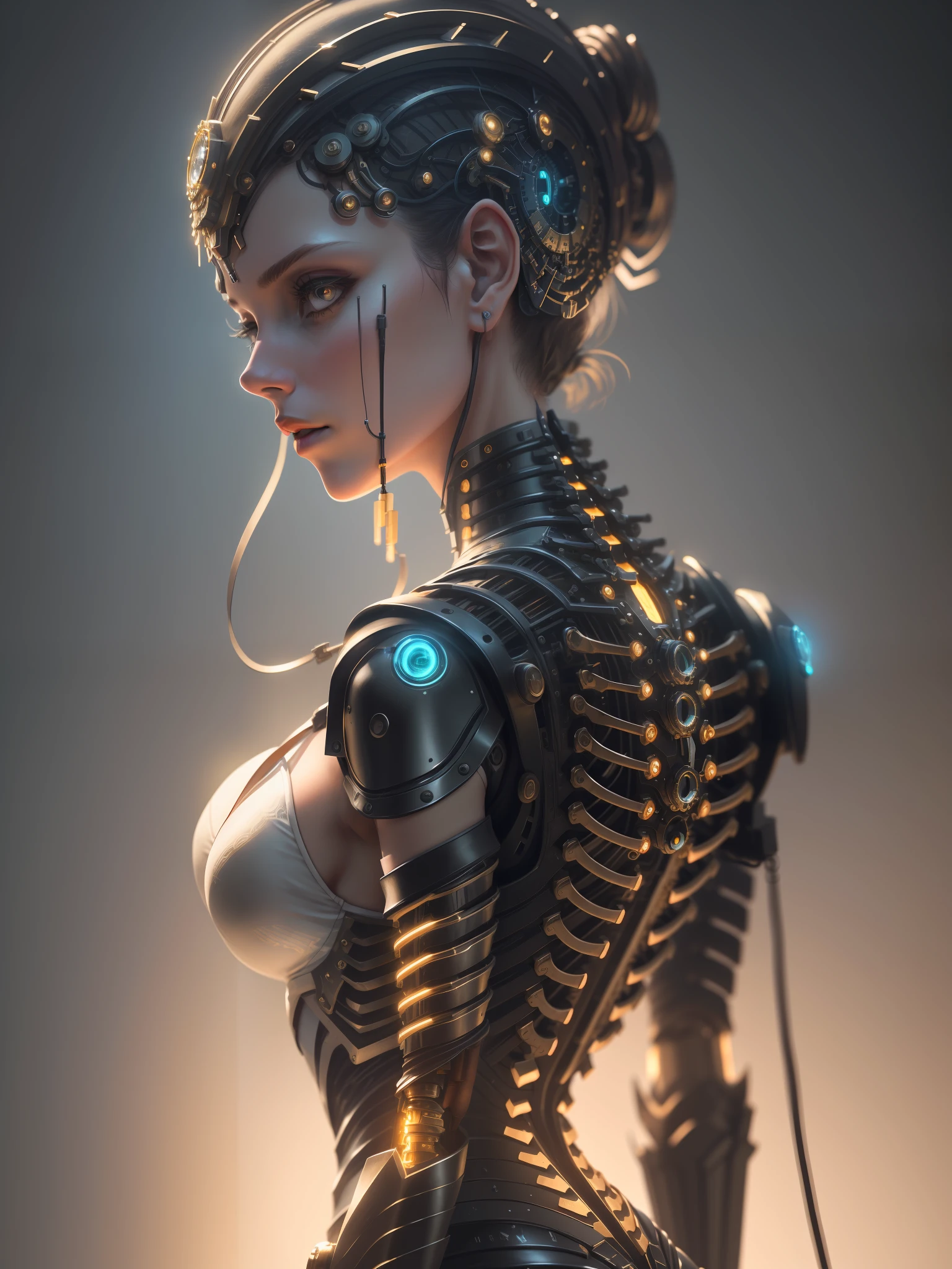 Beautiful upper body photograph of a mechanical woman ((realistic details)), cinematic illumination, chiaroscuro shadows and light, octane render, 8k, ultra sharp,metal,intricate, ornaments detailed, cold colors, Babylonian theme, highly intricate details, realistic light, trending on ArtStation, glowing eyes, facing camera, neon details, mechanical limbs,blood vessels connected to tubes,mechanical vertebra attaching to back,mechanical cervical attaching to neck,wires and cables connecting to the head, ((depth of field f/2.8))