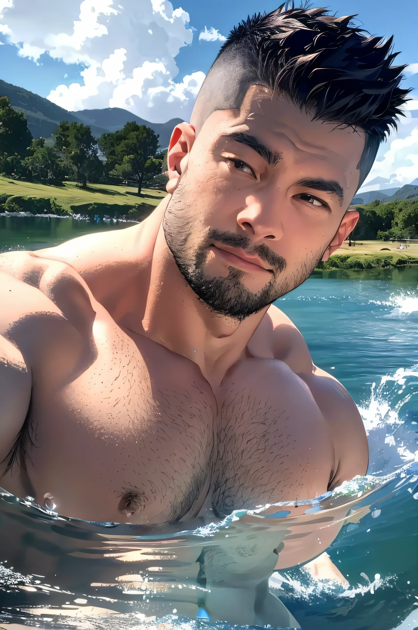 Best quality, masterpiece, ultra high res,detailed background,realistic,solo,male,cowboy shot,mature,bara,topless,muscular,mature male,thick thighs,short hair,facial hair,undercut,short hair,magic circle, bubble,on water,reflected mirror,rainbow light, Bubble Swirling, wind Swirling, Aurora, fantasy scenery,depth of field