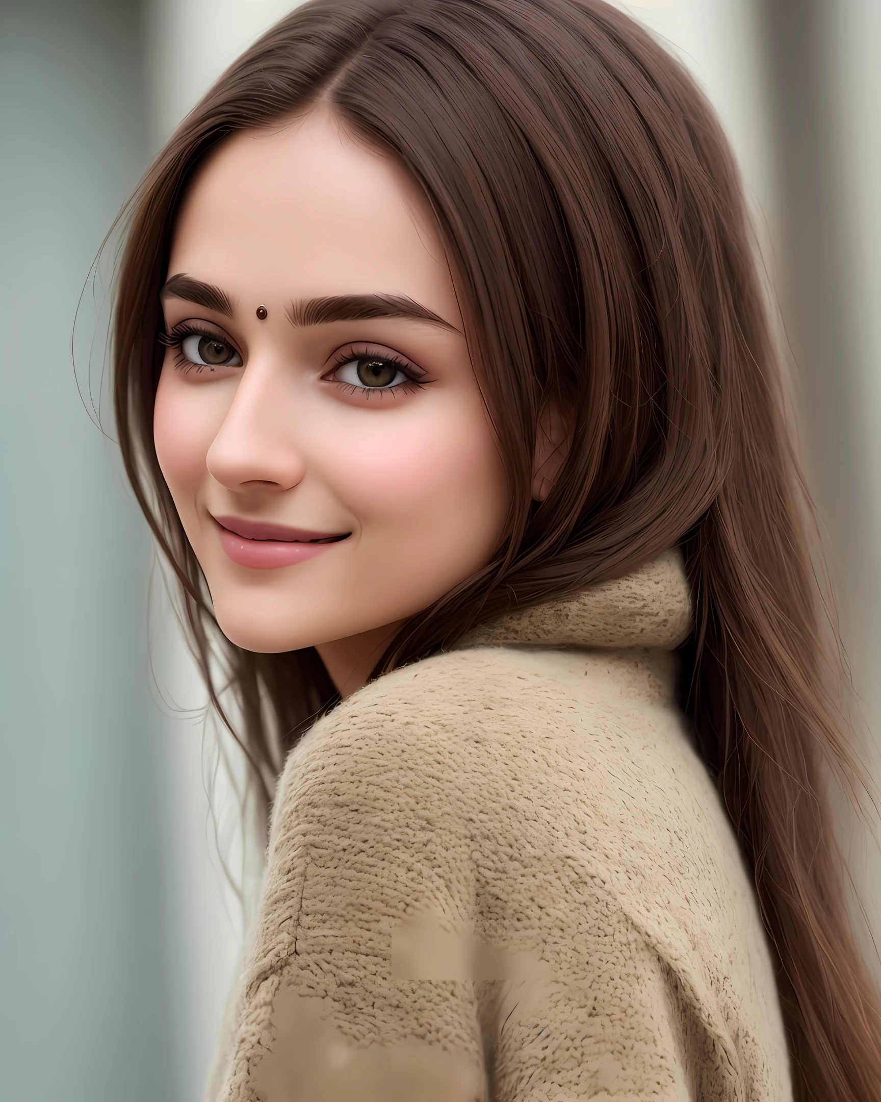 Higher masterpiece,best quality,8k,1 girl with sweater,ultra deatiled sweater,brown hair,deatiled hair,close up,look at the viewer,ultra detailed face,very beautiful indian like face,double eyelids,deatiled eyes,bilateral dimple smiles,deatiled smile with dimple,cinematic light,photogenic,ultra realistic