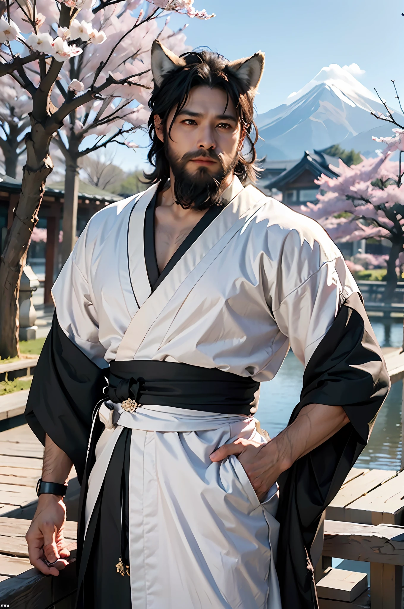 masterpiece,best quality,kemono, anthro (wolf), male, (wolf), beard,middle-aged, gray body,white belly,muscular,japanese traditional clothes, white (fundoshi),((open) black formal kimono),look up to the sky,majestic,brutal,confident,strong,cherry blossoms, sakura blossoms leaves, outdoors,depth of field,delicate canine tooth,delicate eyes,correct anatomy, correct hand,,hd, dim ,dark,dark shadows, light against dark,cinematic, dramatic light,wide dynamic range, hdr, low light:1.2, by Pino Daeni, (by ruaidri), by virtyalfobo