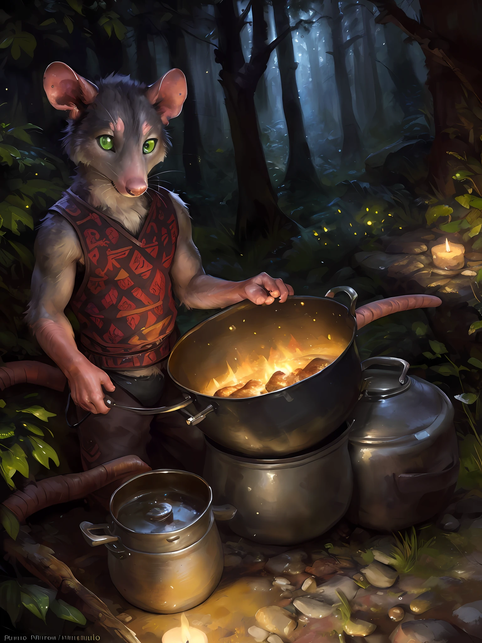 solo, male, (slim), (male anthro possum):1.3, grey body, white belly, (inside a cook pot):1.3 (black thong, red pattern:1.2), (kemono:1.4)
(inside a big black pot), wearing a bread costume
detailed eyes, possum tail, covered in vegetables ((body portrait)), 
, (detailed eyes, green eyes, glowing eyes):1.1,
(outdoors:1.35),  giant cook pot, forest, candle, night, (particles ,firefly, blue glowing):1.3, 
detailed background, photorealistic, realistic hands, 8k HD,
(dark shadows, wide dynamic range, hdr, low light:1.2),
by (by Pino Daeni, (by ruaidri), (by virtyalfobo), (by Kenket).