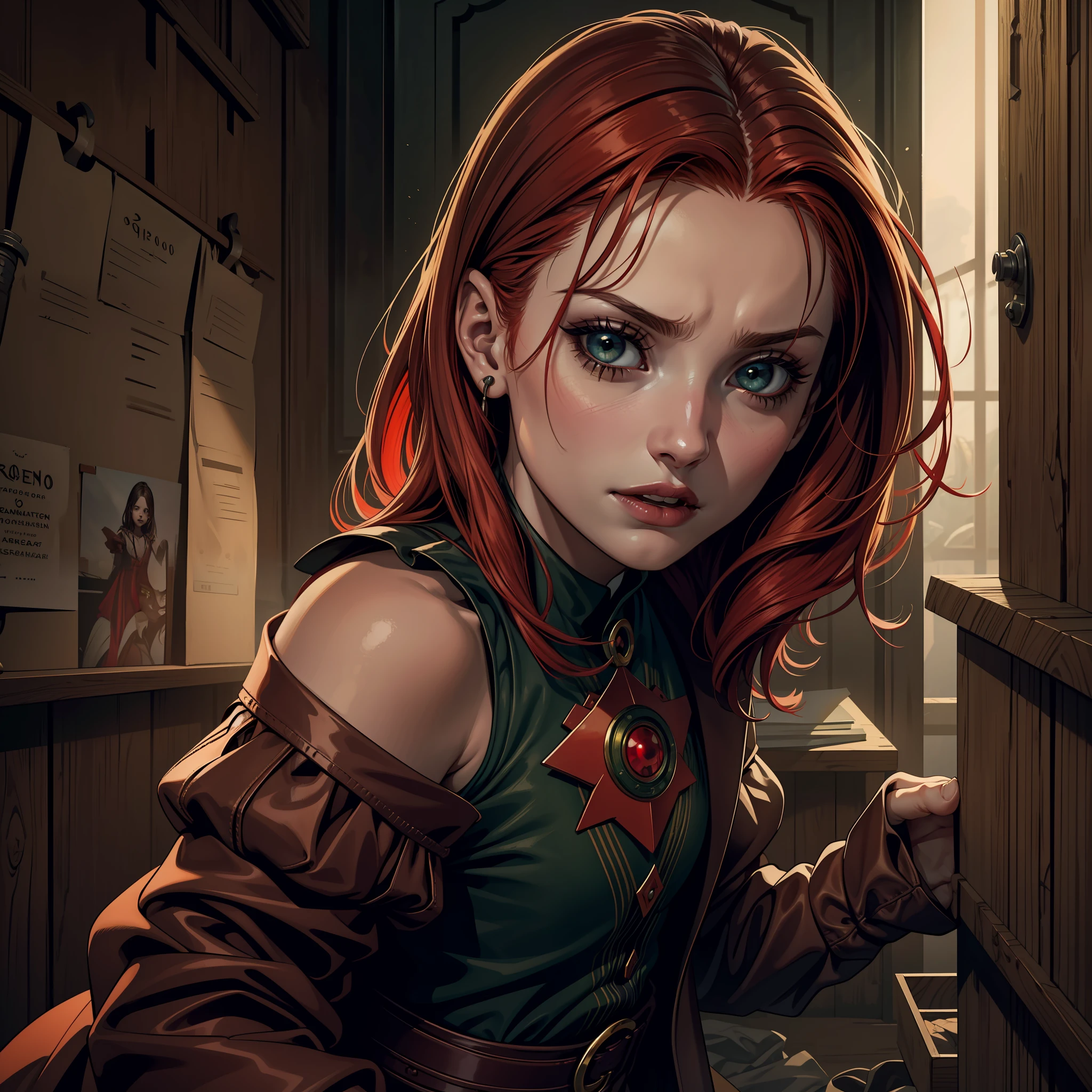 (papel de parede 8k extremamente detalhado), Tema escuro, Vampire the Masquerade, Horror moderno, anos 2020, 1 menina, ((child 10 years)), vestindo camisa e bermuda verde infantil, foco afiado, (Subsurface scattering:1.2), fotografia premiada, rosto centrado, rosto infantil de Sophie Turner, foto de corpo todo:1.2, cabelo ruivo, sardas no rosto, olhos vermelhos sobrenaturais:1.2, expression of fury, suja de sangue, inside a homestay, dramatic illumination