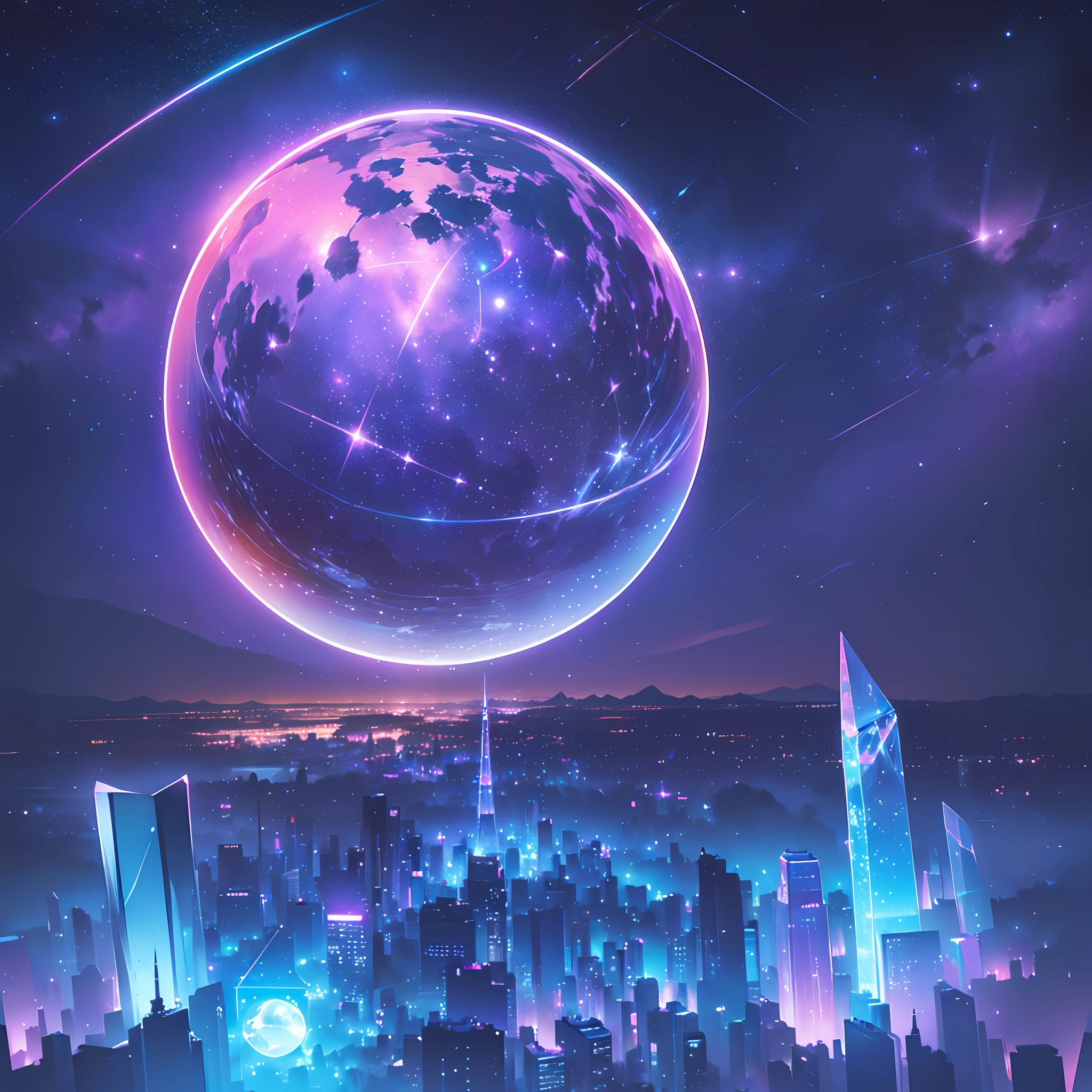 (Inside the transparent crystal ball of urbanization ),(starlight sky)illuminated the twilight,(Neon lights)It constitutes a vast space for wandering in the sky,It's like entering the realm of mystery,(Rotate the viewing angle)Deep mysteries。 --auto --s2