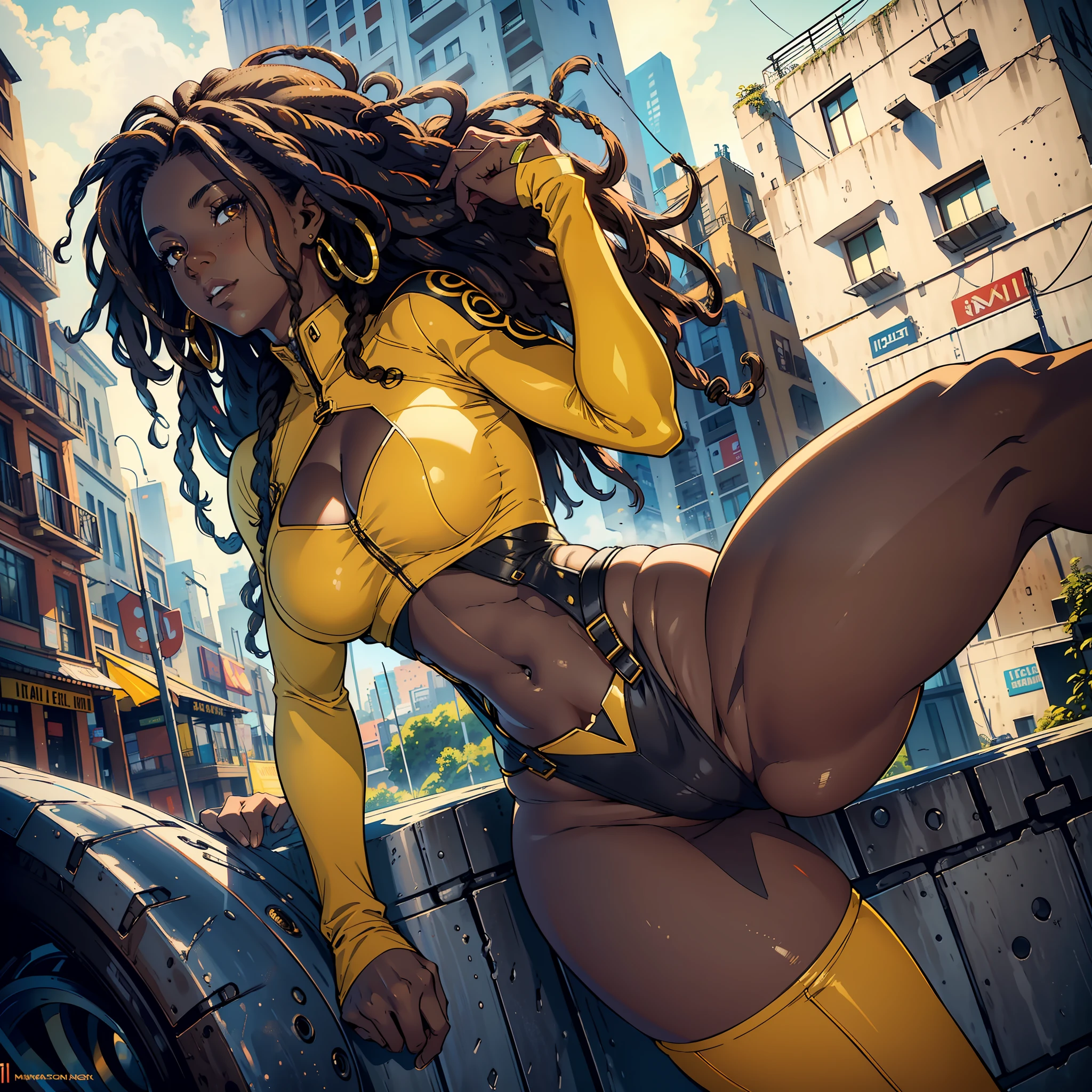 ((realistic: 1.5)),((best quality)), ((masterpiece)),((detailed)), woman, Dreadlock hair, brown eyes, black skin color, focus on face, , sexy, g legs, curves, medium breasts, and white superheroine outfit, thick thighs, wide hips, long eyelashes, on top of a building