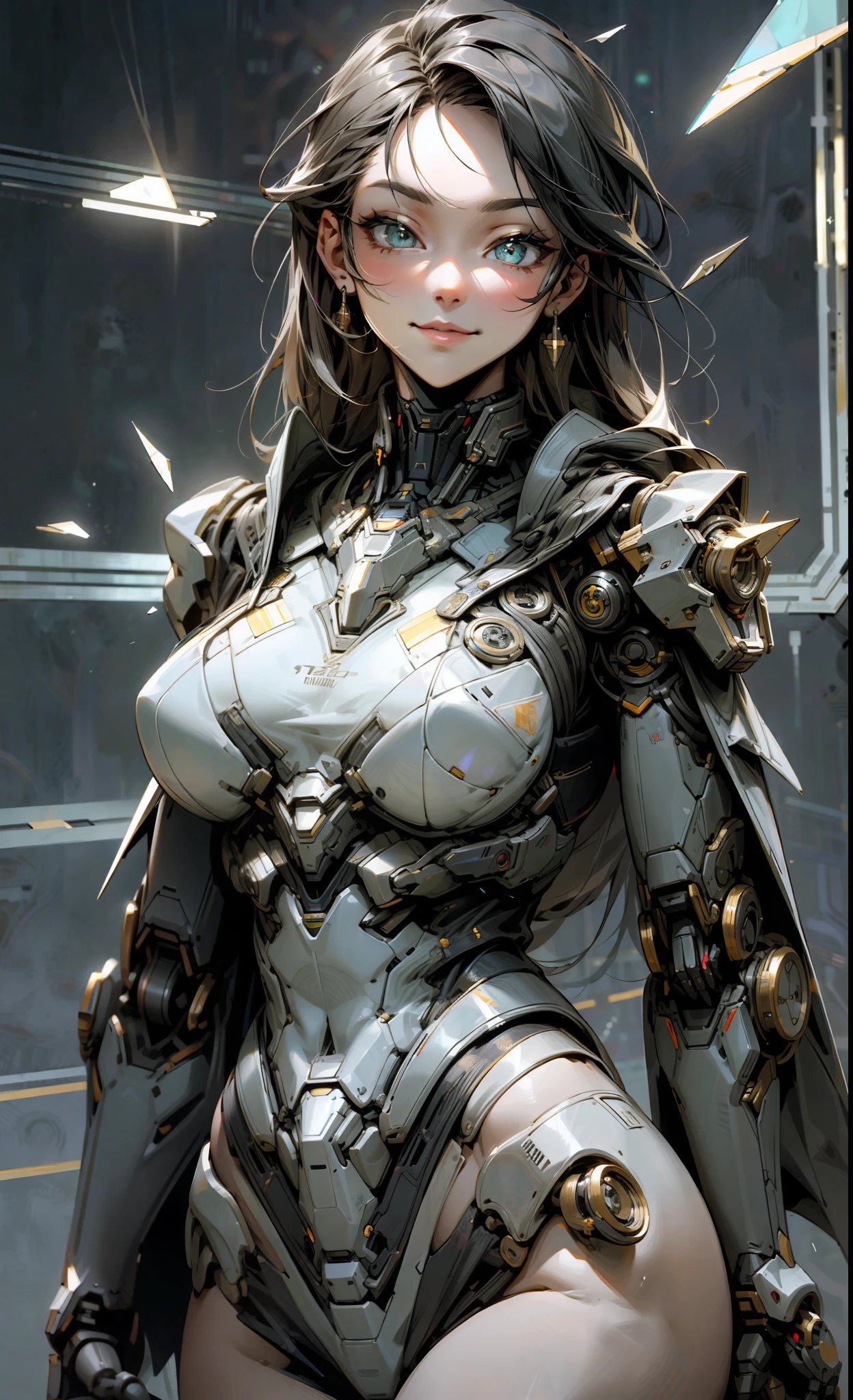 Best quality, masterpiece, highres, broken shards of glass, reflective, glitter, cool , edgy, smile, rogue, sharp, woman, long hair, sexy, intricate, cinematic, mecha, robotic, futuristic, advanced, perfect female anatomy, matrix, cybernetics, hydraulics, militaristic, cloths, robes, closeup