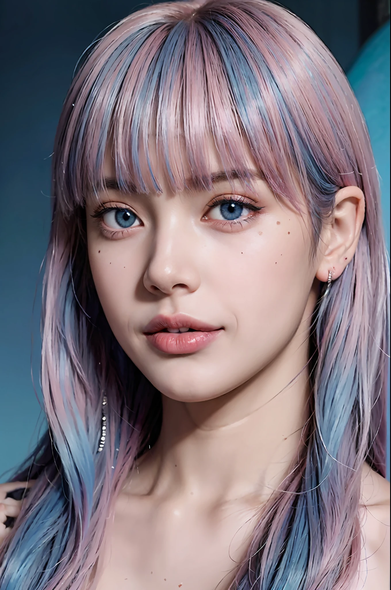 Best quality, masterpiece, super high resolution, multicolored hair (((blue and pink hair))), long hair, two moles under the eyes, gradient eyes, eyeballs, shyness, smile, evil, off-the-shoulder, character setting, close-up, surrealism, UHD, award-winning, bust, colourful hair,  ((blunt bangs)), (((blue eyes))), really beautiful face, super beautiful face