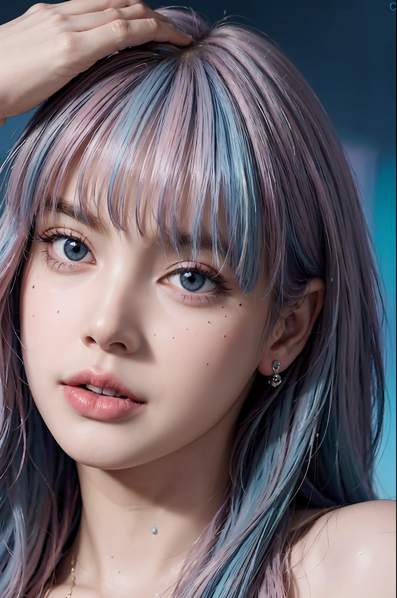 Best quality, masterpiece, super high resolution, multicolored hair (((blue and pink hair))), long hair, two moles under the eyes, gradient eyes, eyeballs, shyness, smile, evil, off-the-shoulder, character setting, close-up, surrealism, UHD, award-winning, bust, colourful hair, ((blunt bangs)), (((blue eyes))), really beautiful face, super beautiful face